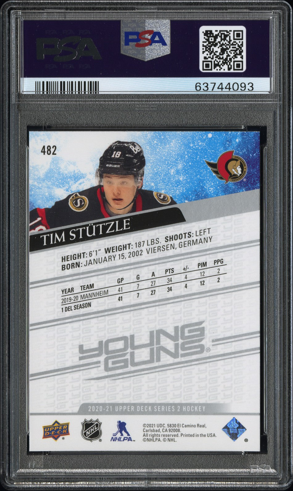 2020 Upper Deck Tim Stutzle #482 PSA 10