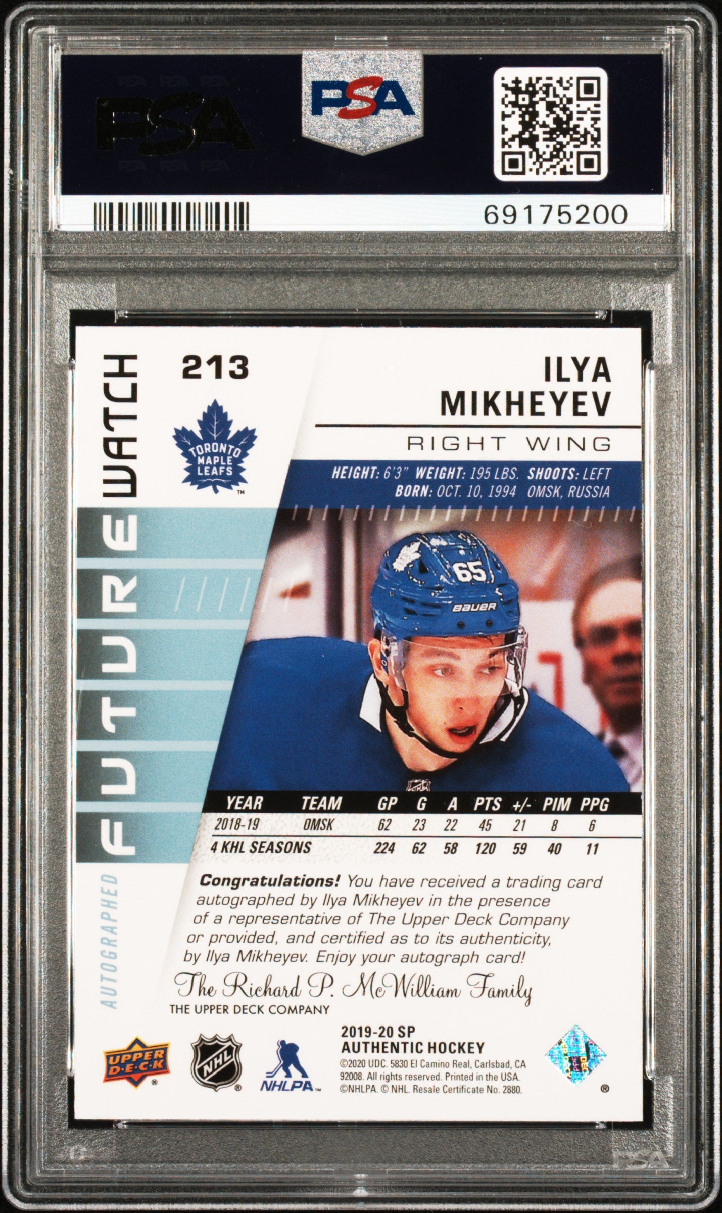 2019 SP Authentic Ilya Mikheyev #213 PSA 9