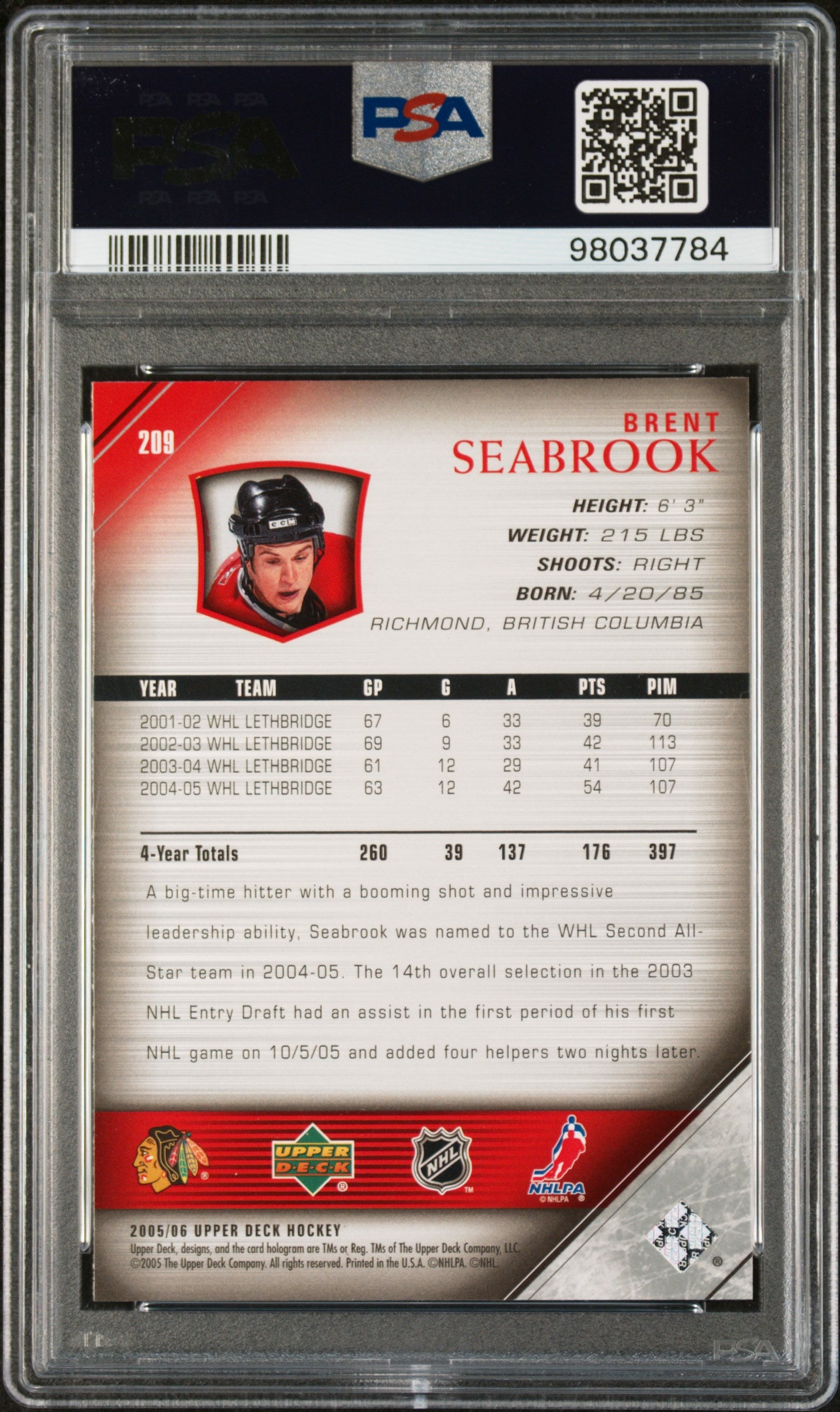 2005 Upper Deck Brent Seabrook #209 PSA 10