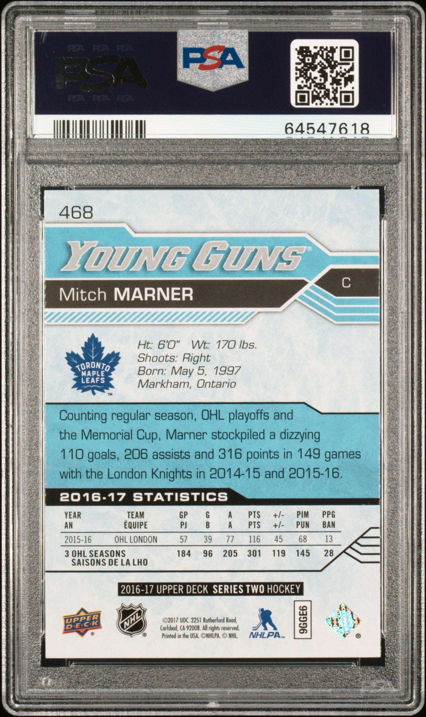 2016 Upper Deck Mitch Marner #468 PSA 9