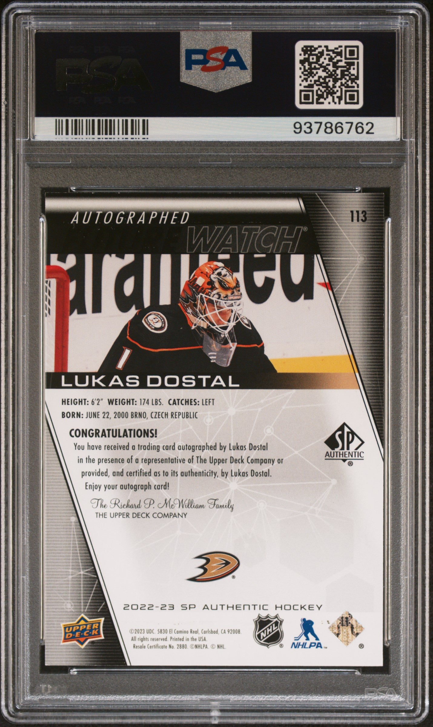 2022 SP Authentic Lukas Dostal #113 Autograph Black PSA 10