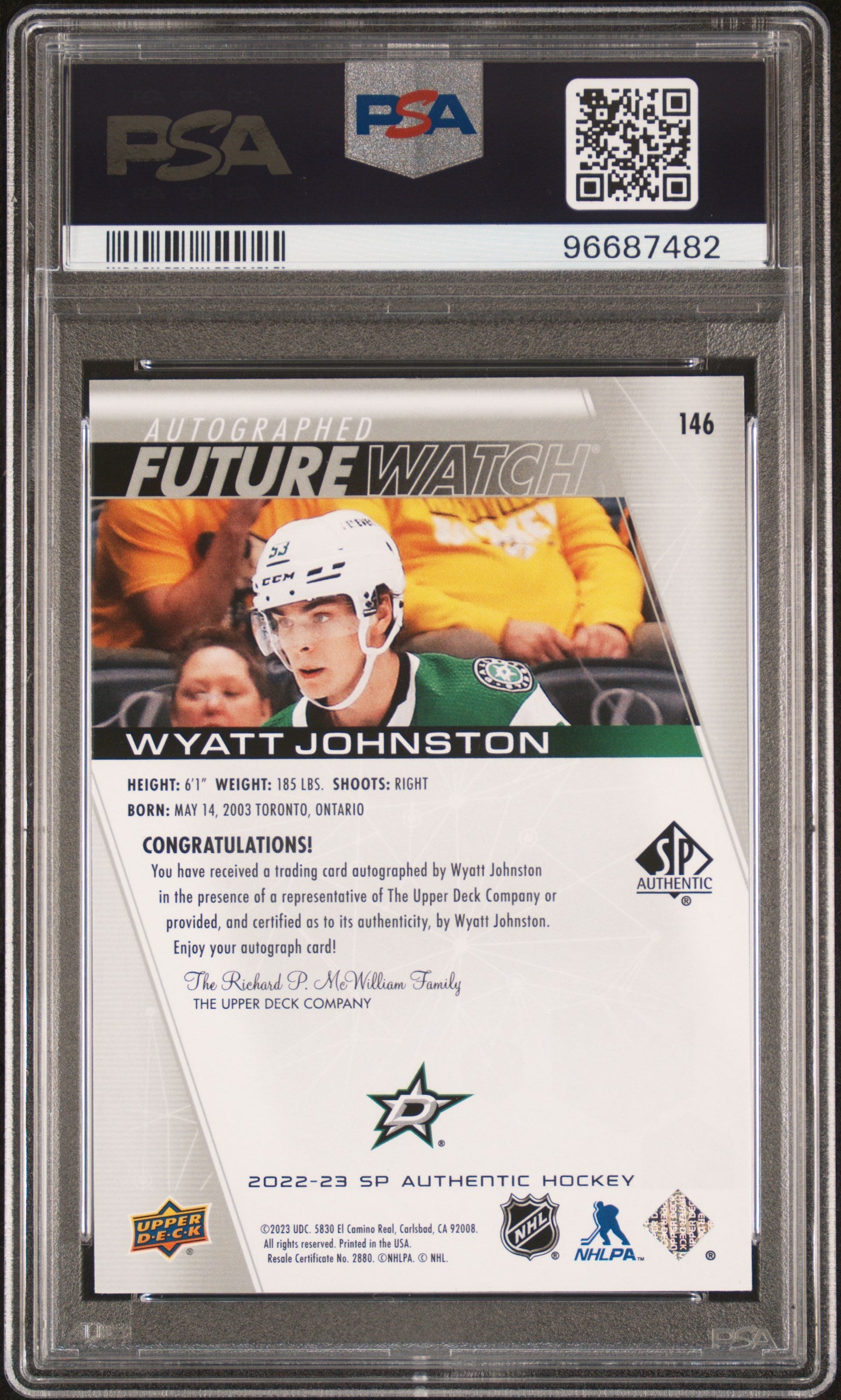 2022 SP Authentic Wyatt Johnston #146 Inscribed Autograph PSA 9 Auto 10