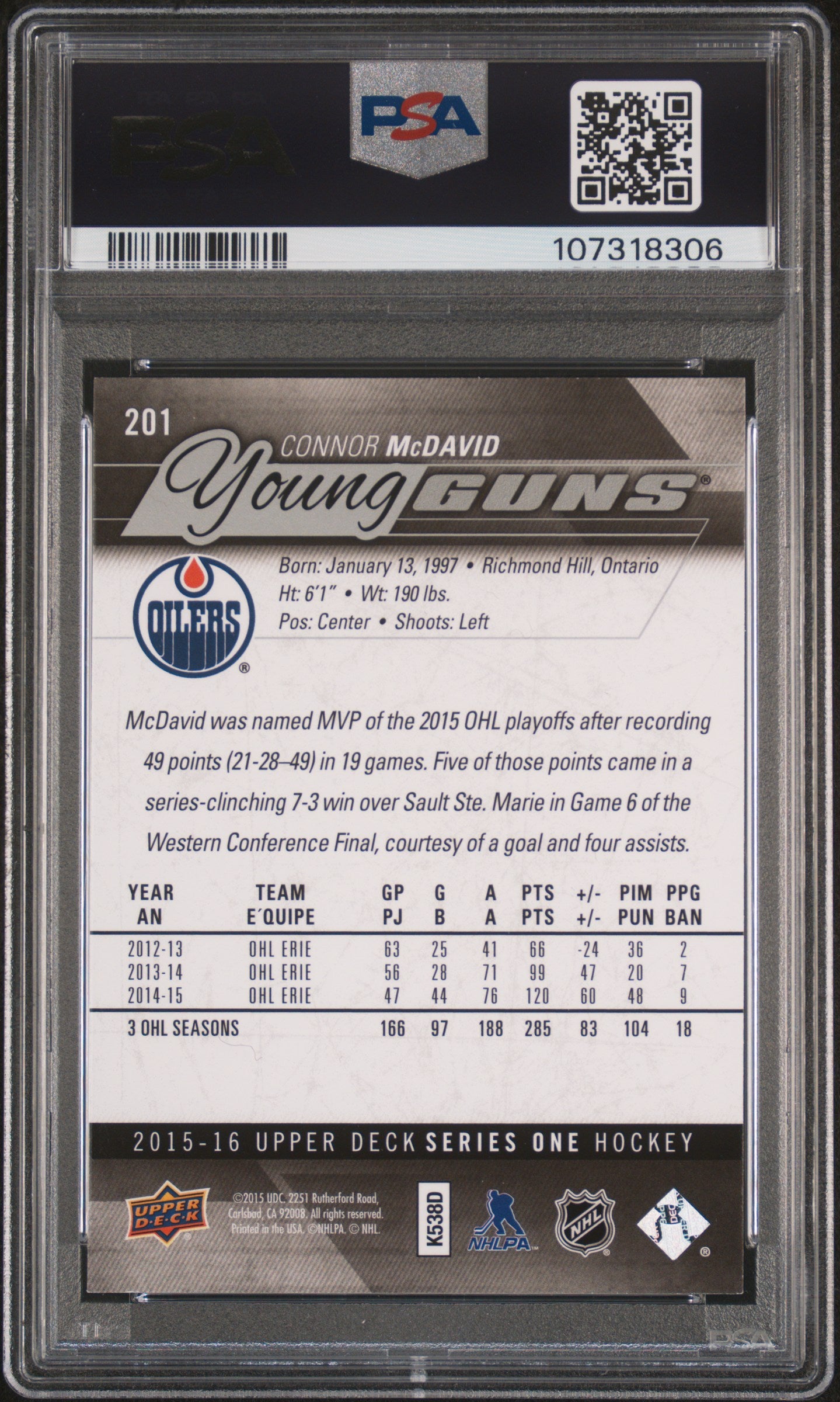 2015 Upper Deck Connor McDavid #201 PSA 9