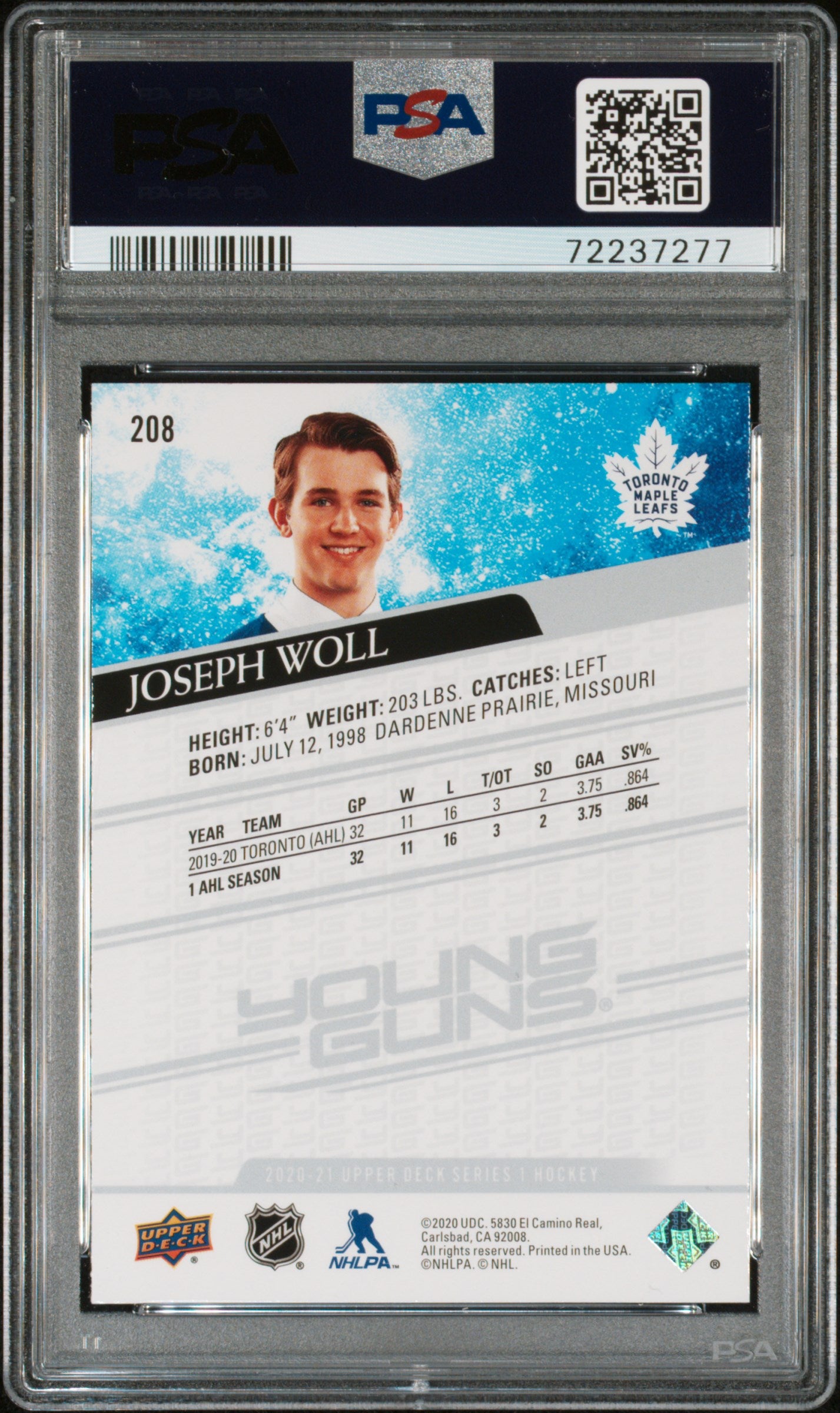 2020 Upper Deck Joseph Woll #208 PSA 9