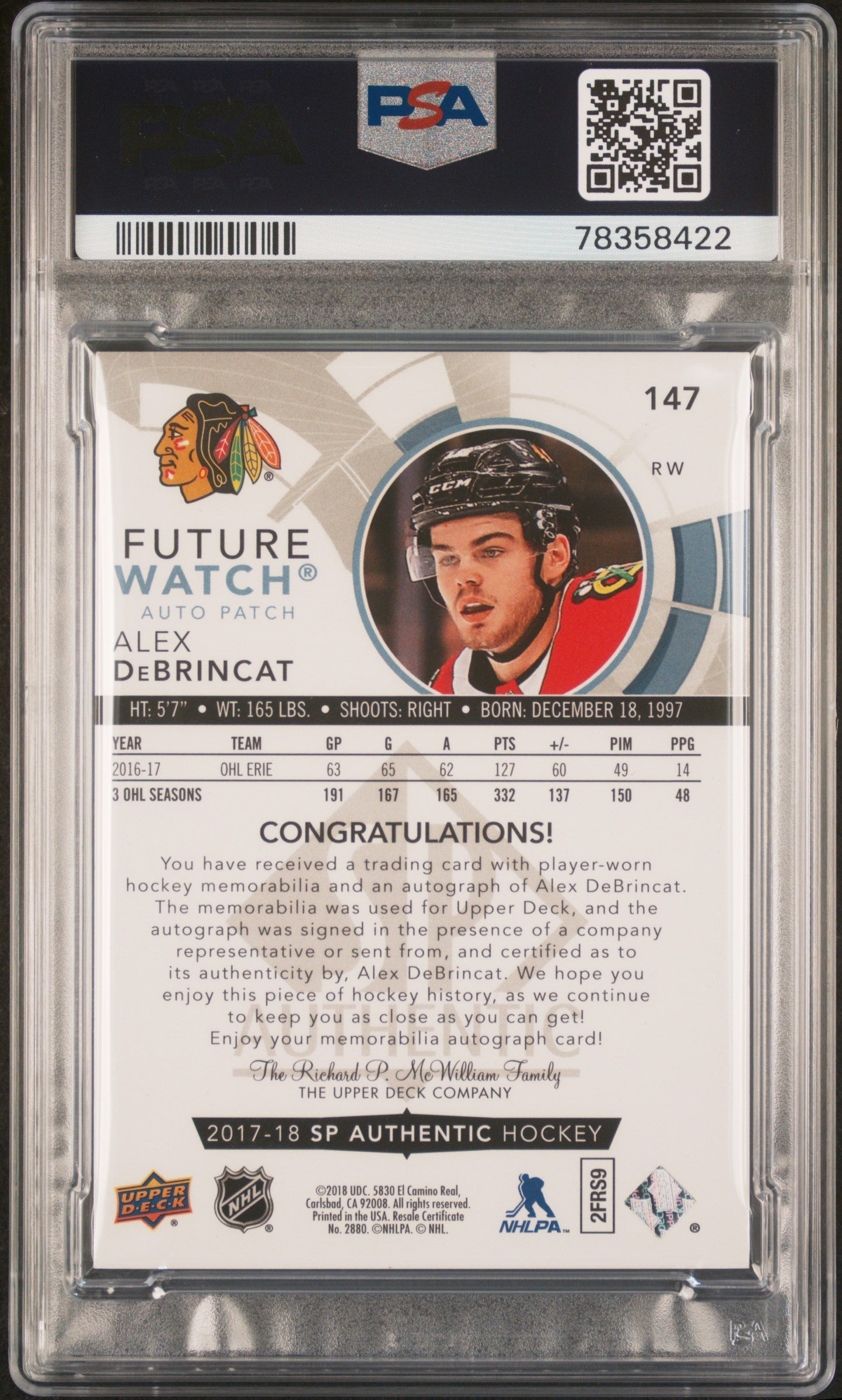 2017 SP Authentic Alex Debrincat #147 Autograph Patch 049/100 PSA 9