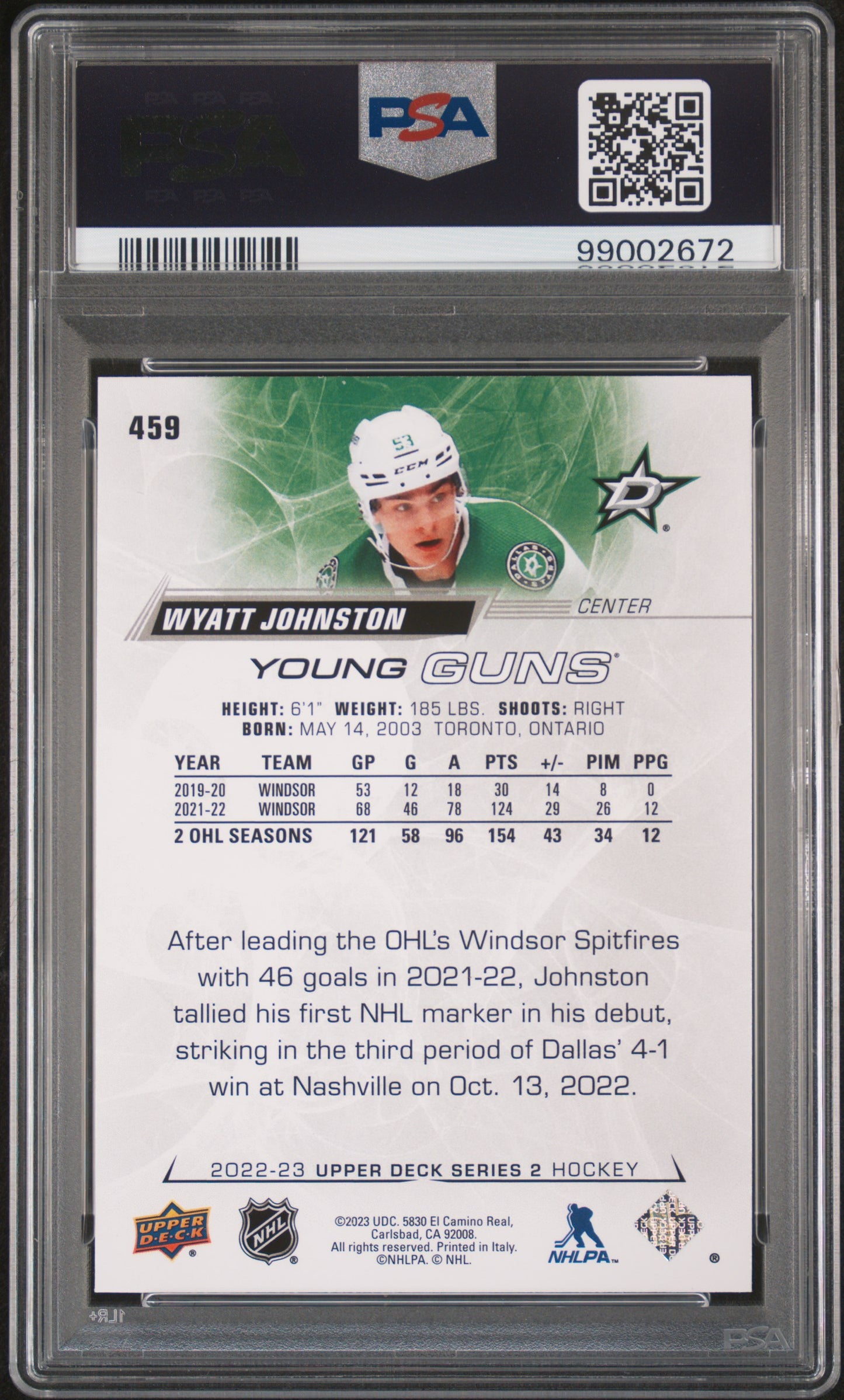 2022 Upper Deck Wyatt Johnston #459 PSA 9
