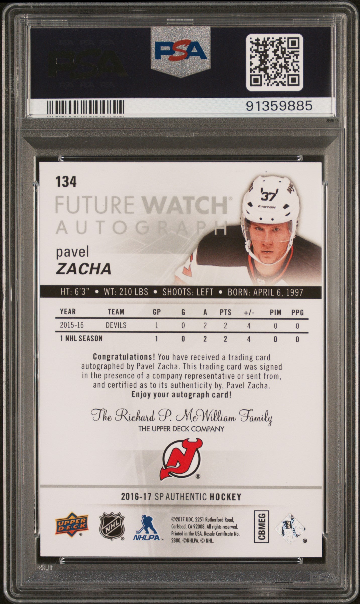 2016 SP Authentic Pavel Zacha #134 PSA 10