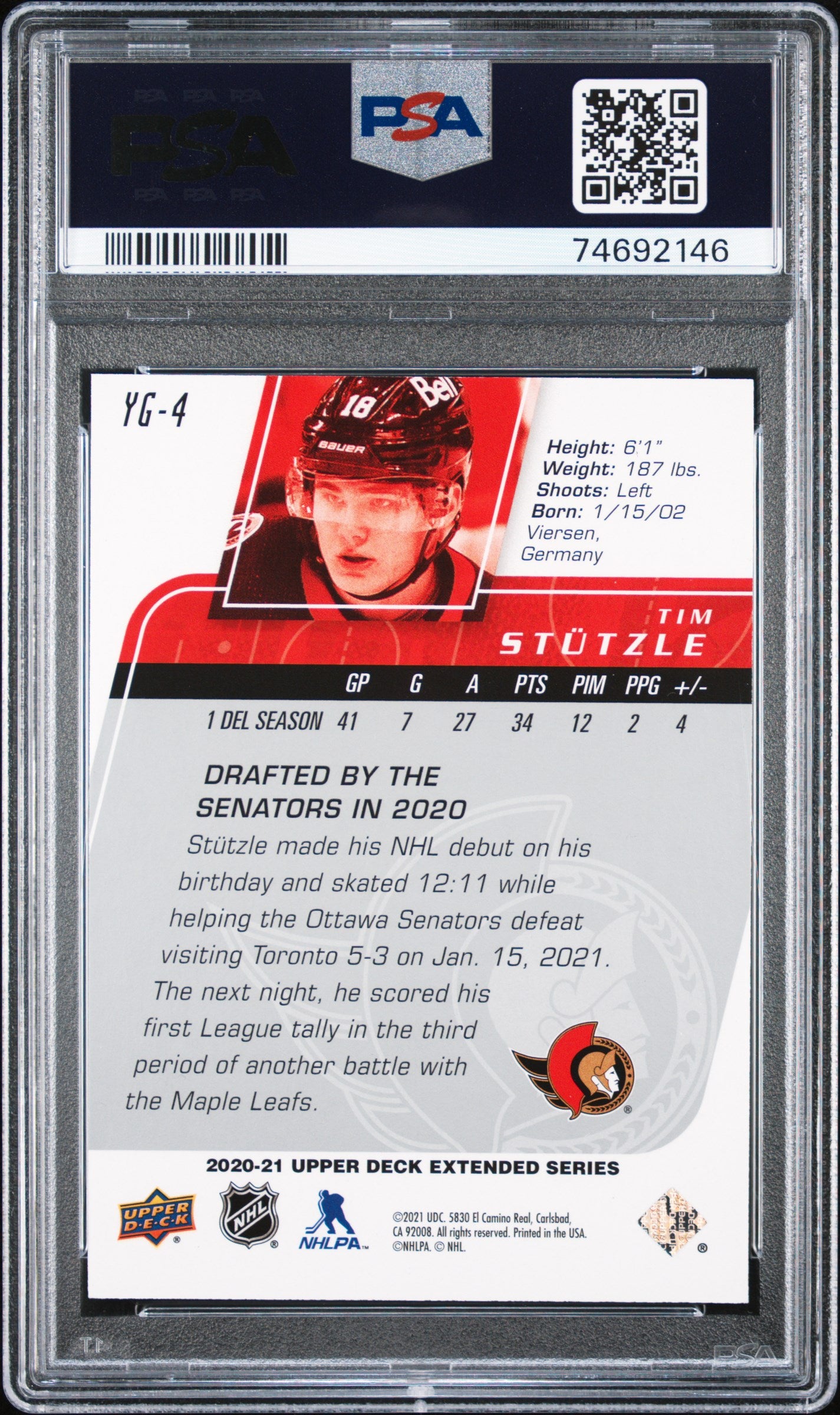 2020 Upper Deck 2002-03 Young Guns Retro Tim Stutzle #YG-4 PSA 10