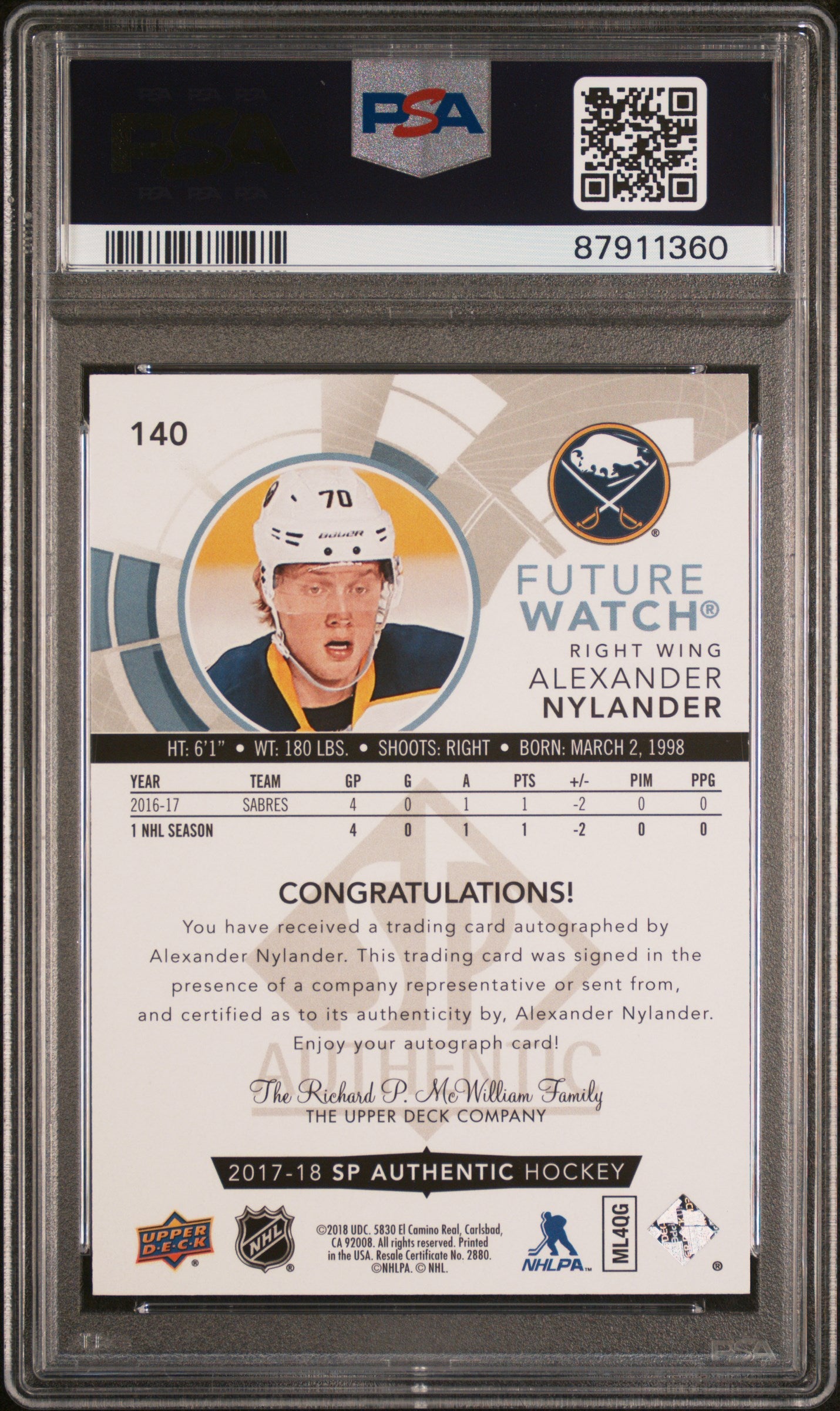 2017 SP Authentic Alexander Nylander #140 PSA 8