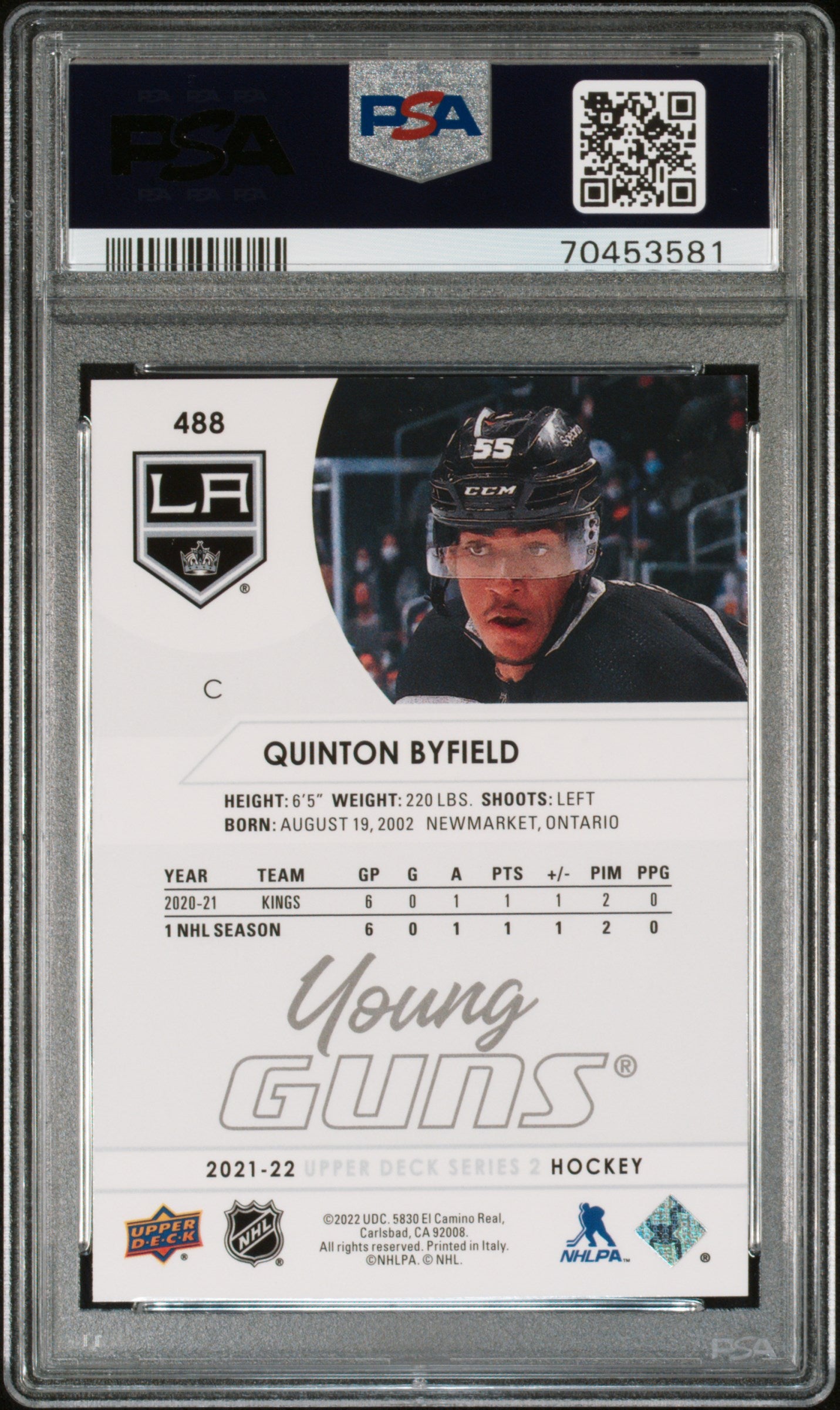 2021-2022 Upper Deck Quinton Byfield #488 PSA 10