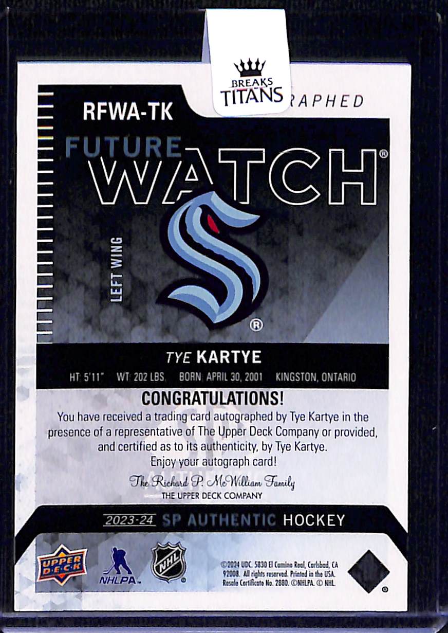 2023-24 Sp Authentic Tye Kartye #RFWA-TK 240/699