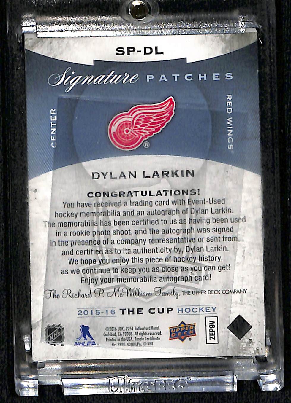 2015 Upper Deck The Cup Signature Patches Dylan Larkin #SP-DL Autograph Patch