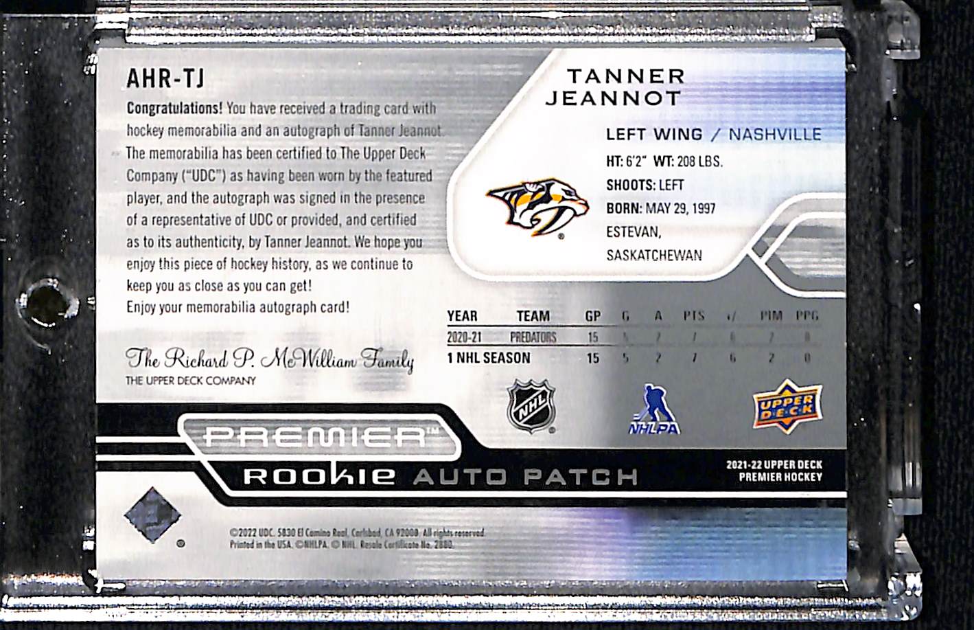 2022 2021-22 Upper Deck Premier Tanner Jeannot #AHR-TJ Premier Rookie Auto Patch Path Auto