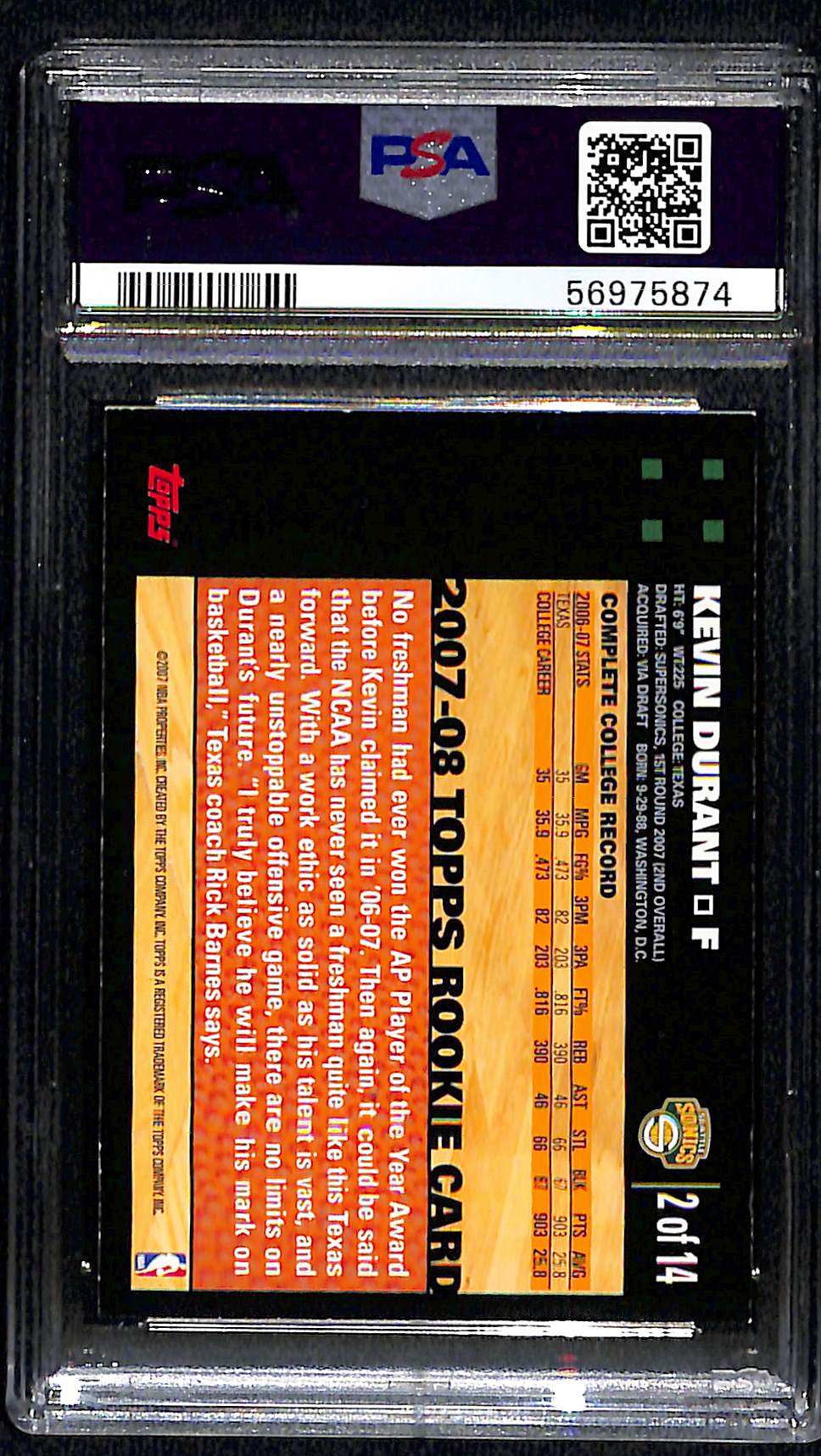 2007 Topps Rookie Card Kevin Durant #2 PSA 8