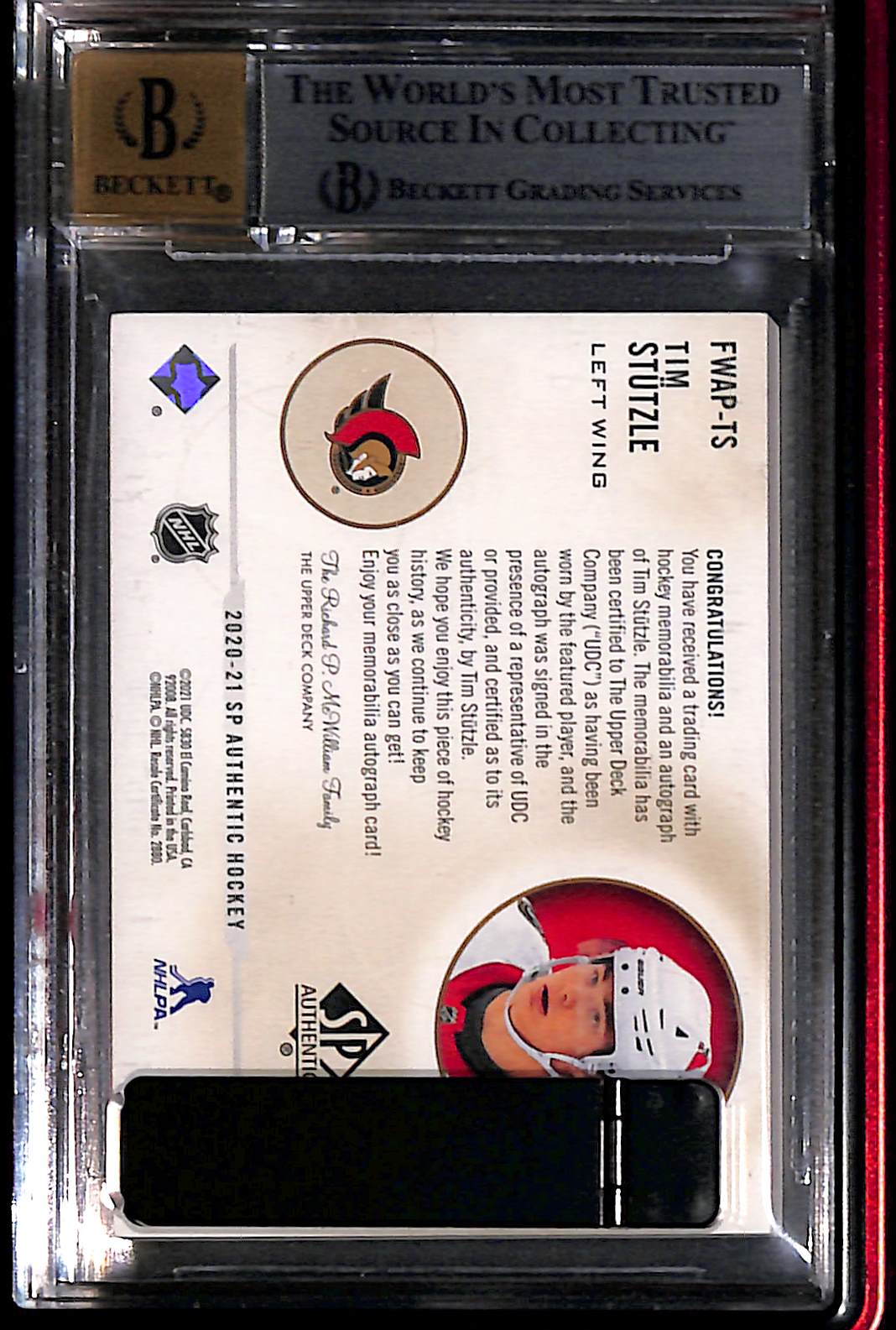 2020 SP Authentic Limited Future Watch Patch Autographs Tim Stutzle #FWAPTS BGS 8.5 Auto 10