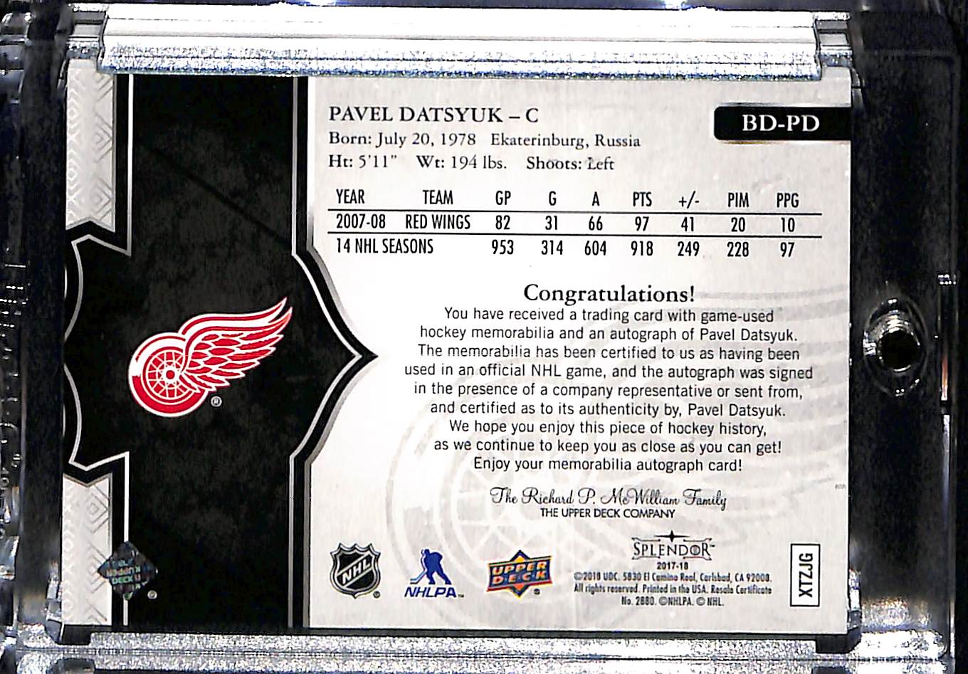 2018 Upper Deck Splendor Pavel Datsyuk #BD-PD 1/1 1 of 1 Patch Game-used memorabilia