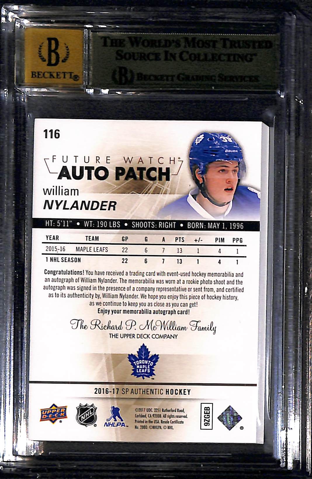 2016 SP Authentic Limited Patch Autographs William Nylander FW #116 /100 BGS 9.5 Auto 10