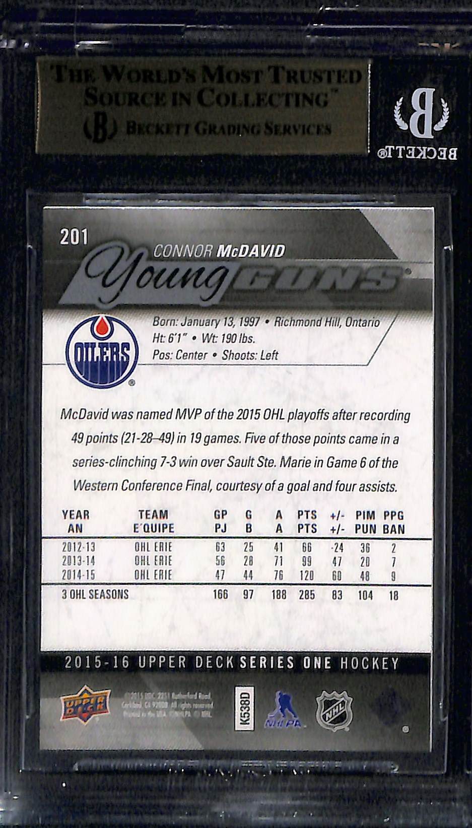 2015 Upper Deck Connor McDavid YG #201 Rookie BGS 9.5