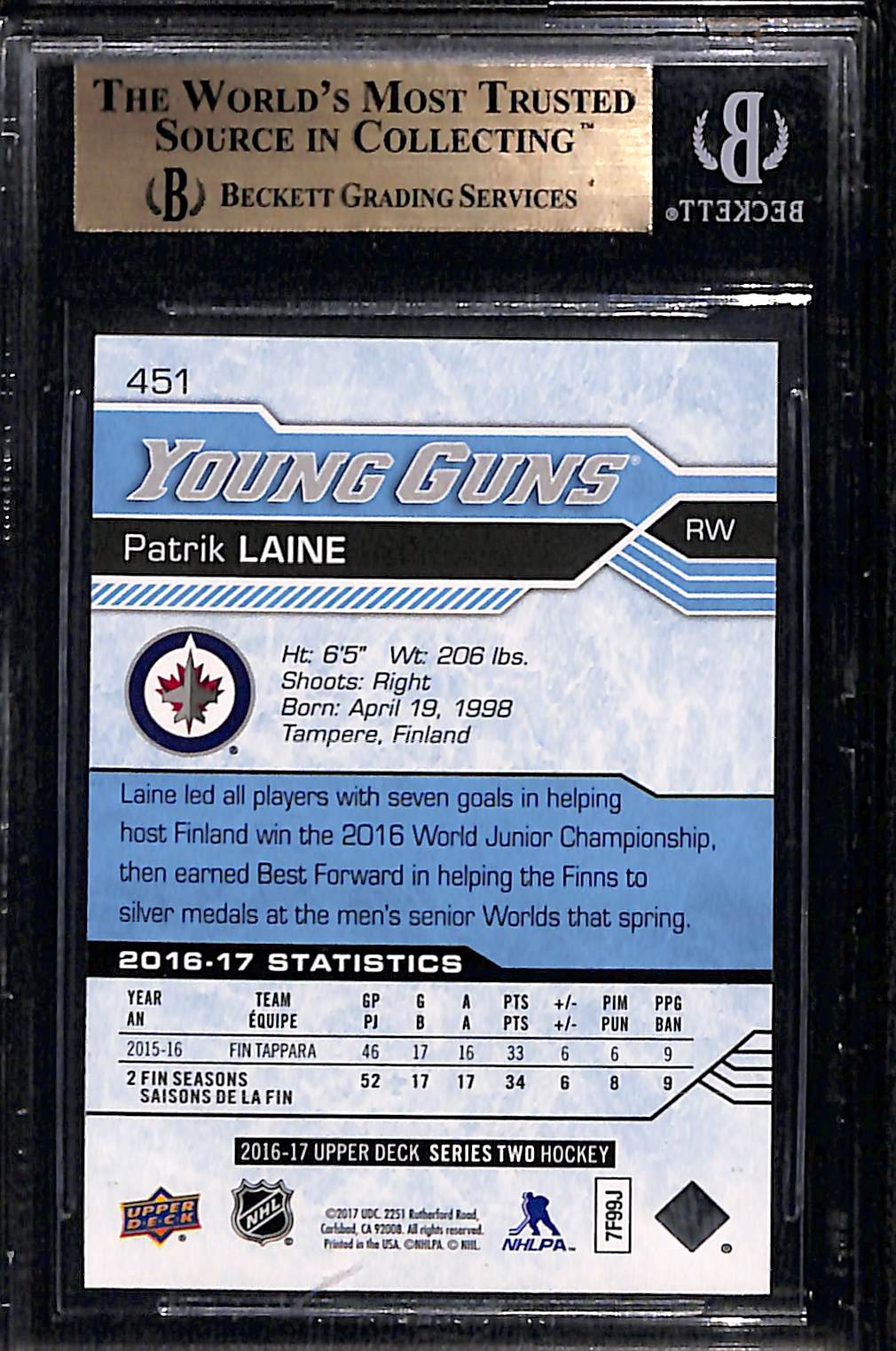 2016 Upper Deck Patrik Laine YG #451 Rookie BGS 10