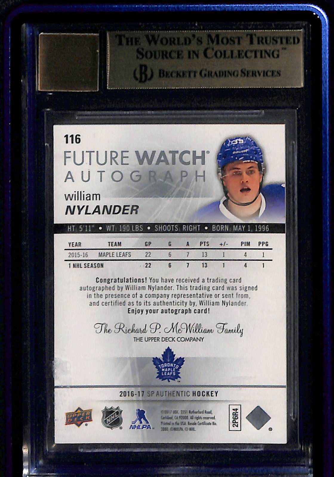 2016 SP Authentic Future Watch Inscribed Autographs William Nylander #116 / BGS 9.5 Auto 10