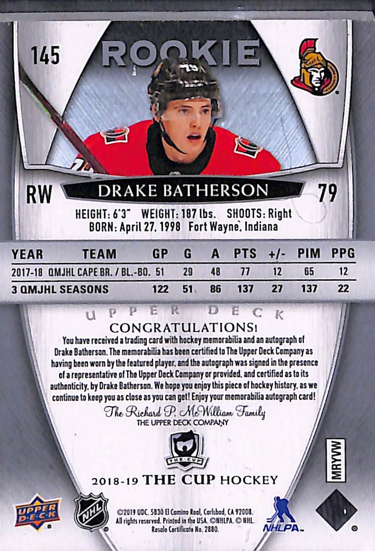 2019 2018-19 Upper Deck The Cup Drake Batherson #246/249 Cup RPA 116/249