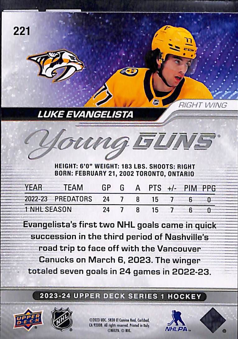 2023-24 Upper Deck Series 1 Luke Evangelista #221