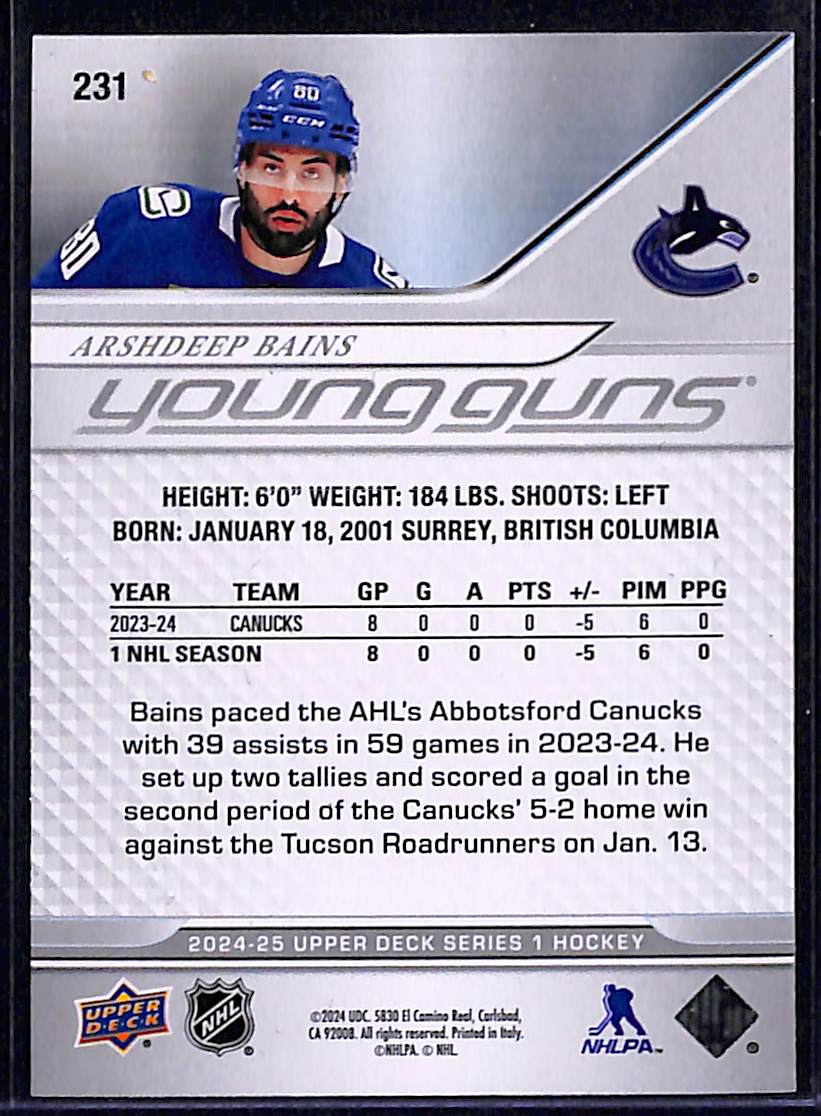 2024-25 Upper Deck Series 1 Arshdeep Bains #231