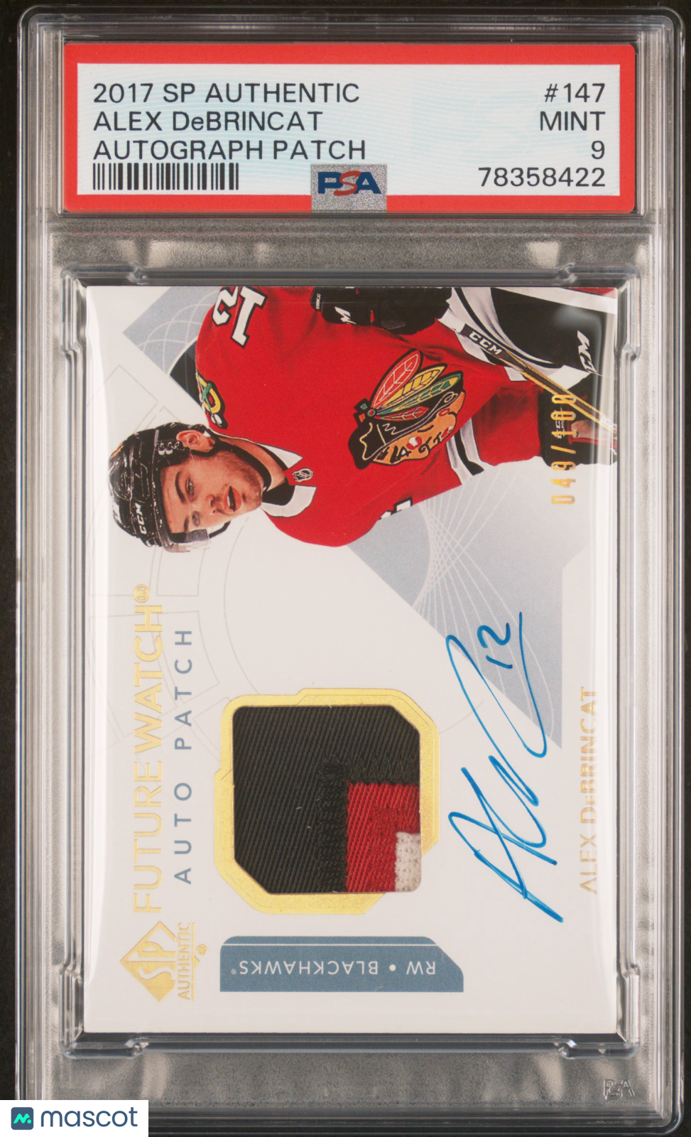 2017 SP Authentic Alex Debrincat #147 Autograph Patch 049/100 PSA 9