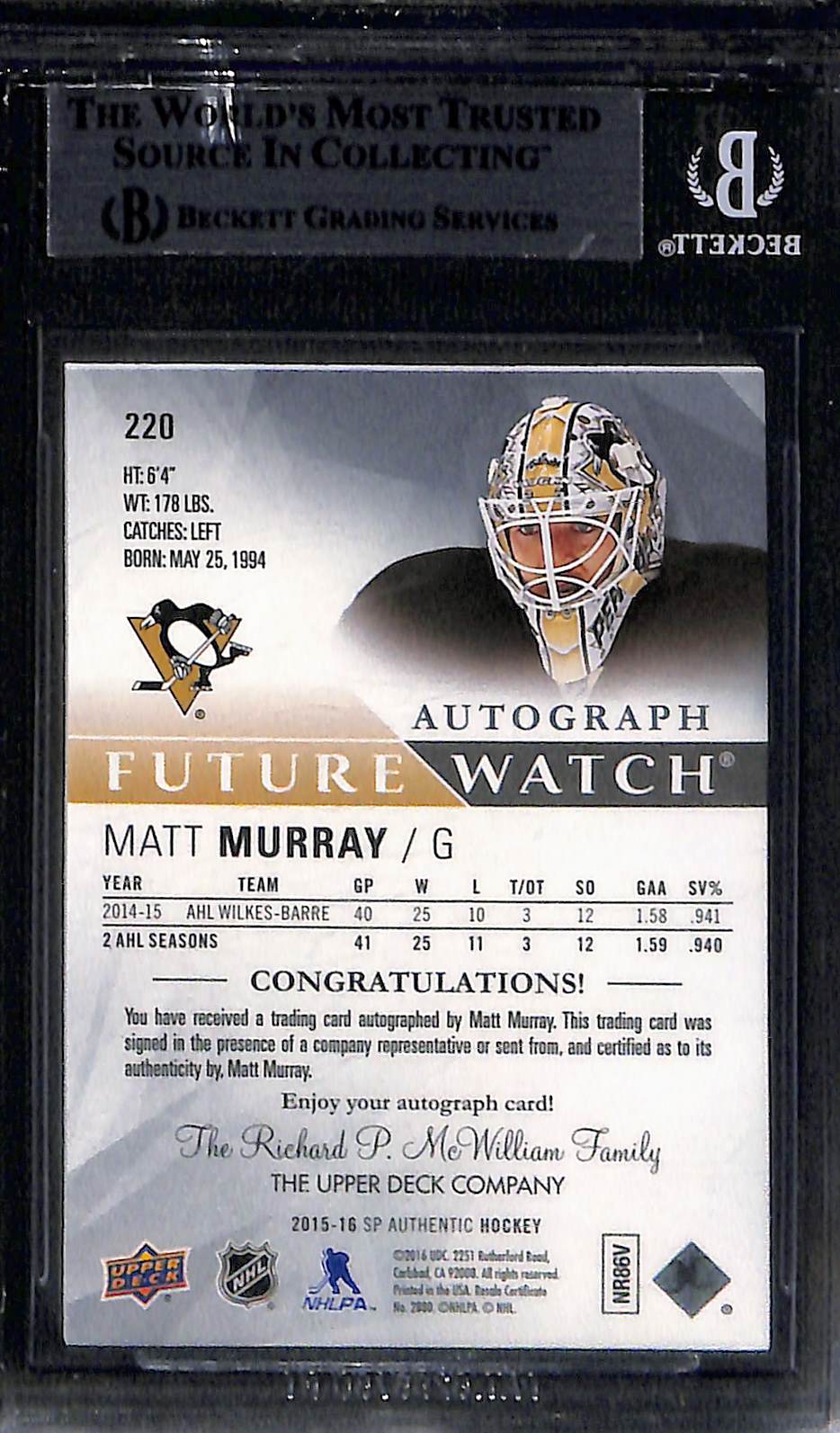 2015 SP Authentic Matt Murray #220 Rookie BGS 9 Auto 9