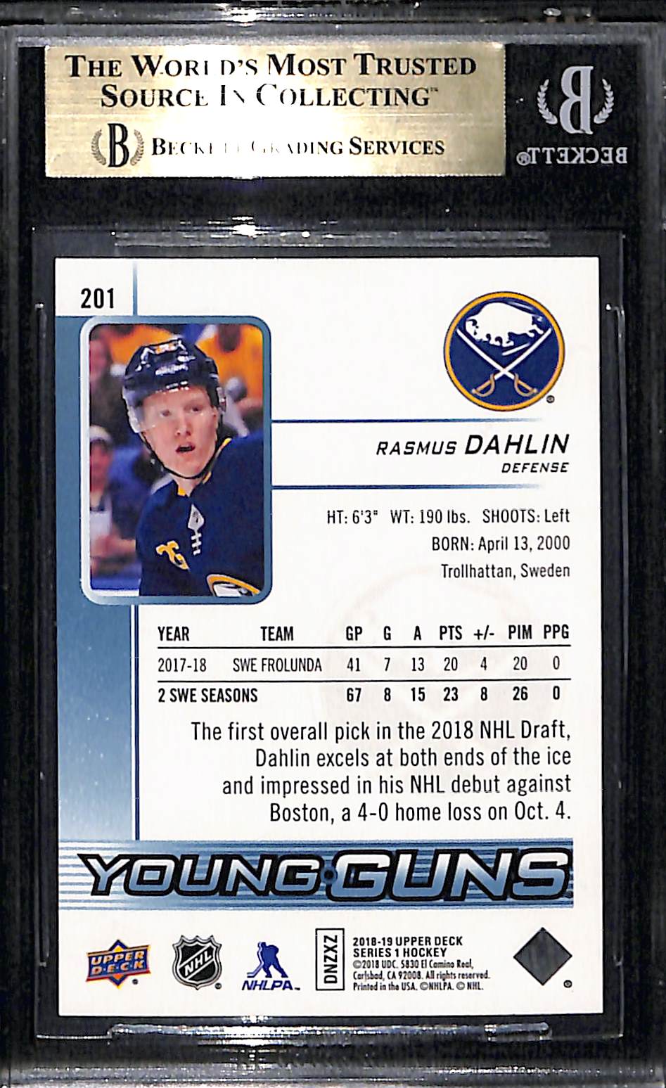 2018 Upper Deck Rasmus Dahlin YG #201 Rookie BGS 9.5