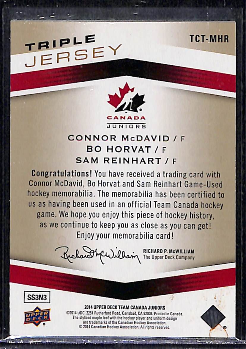 2014 Upper Deck Canada Juniors Sam Reinhart Connor McDavid Bo Horvat #TCT-MHR Triple Jersey 18/49