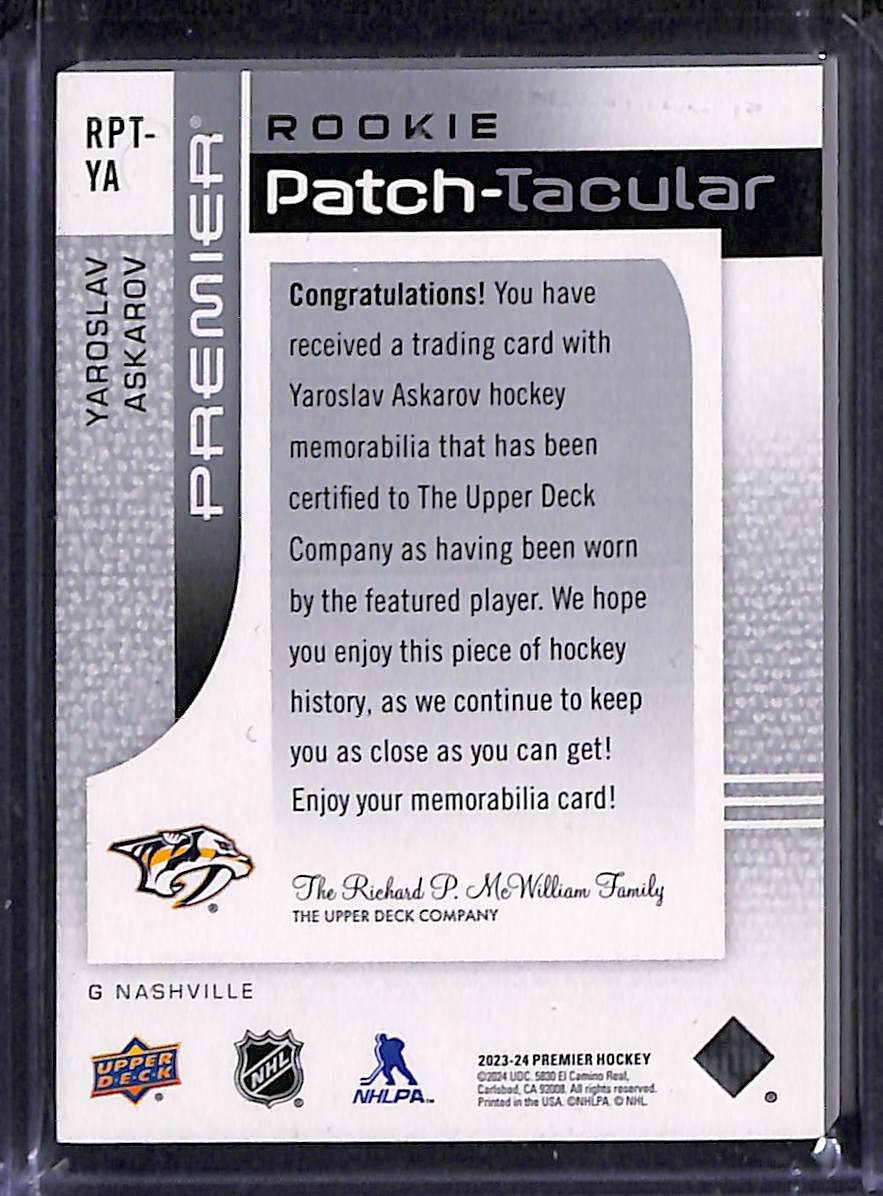 2023-24 Upper Deck Premier Yaroslav Askarov #RPT-YA Rookie Patch-Tacular Chest Logo Patch 05/25