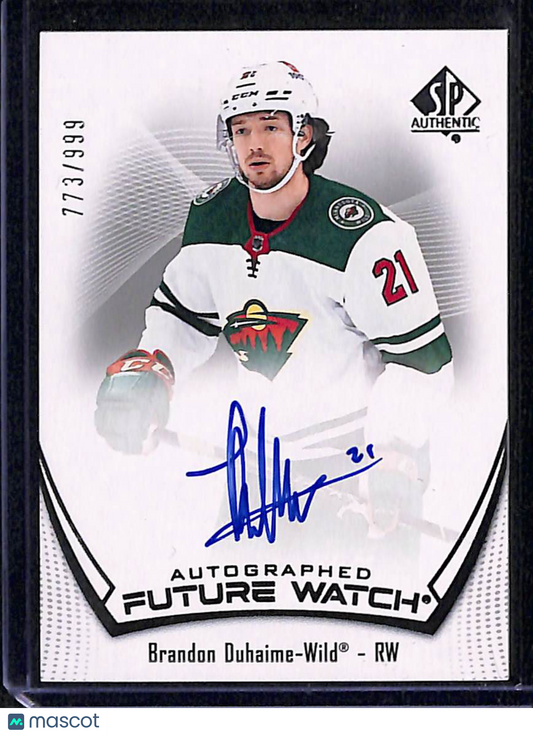 2022 2021-22 Upper Deck SP Authentic Brandon Duhaime #181 Future Watch Auto Autograph 773/999