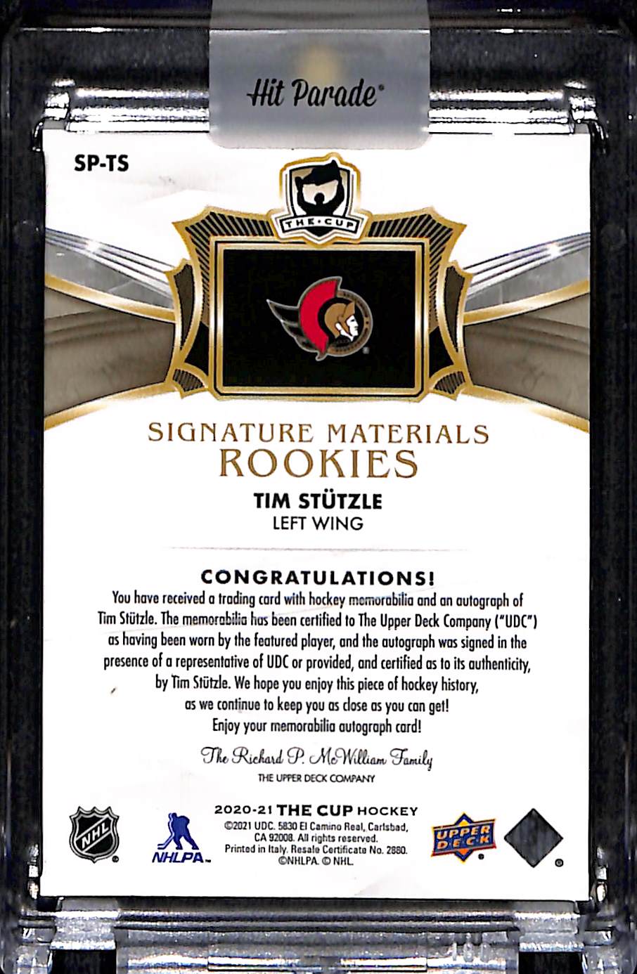 2020-21 The Cup Tim Stützle #SP-TS 13 / 99 Patch