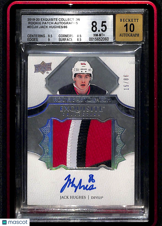 2019 Exquisite Collection Rookie Patch Autographs Jack Hughes #ECJH /86 BGS 8.5 Auto 10