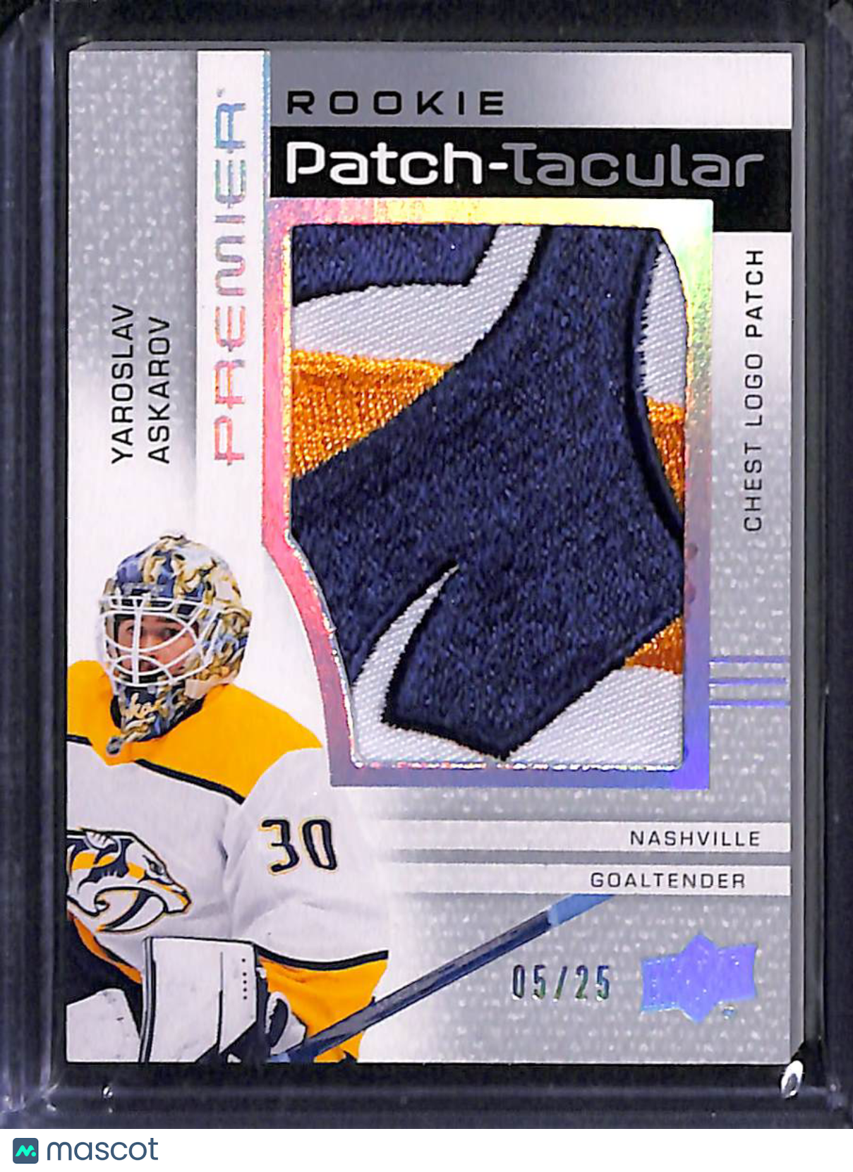 2023-24 Upper Deck Premier Yaroslav Askarov #RPT-YA Rookie Patch-Tacular Chest Logo Patch 05/25