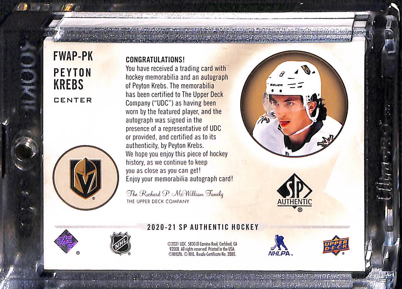 2020-21 Upper Deck SP Authentic Future Watch Peyton Krebs #FWAP-PK Autograph 004/100 Patch