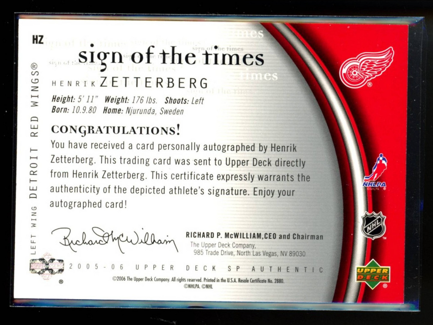 2005 Upper Deck SP Authentic Henrik Zetterberg #HZ