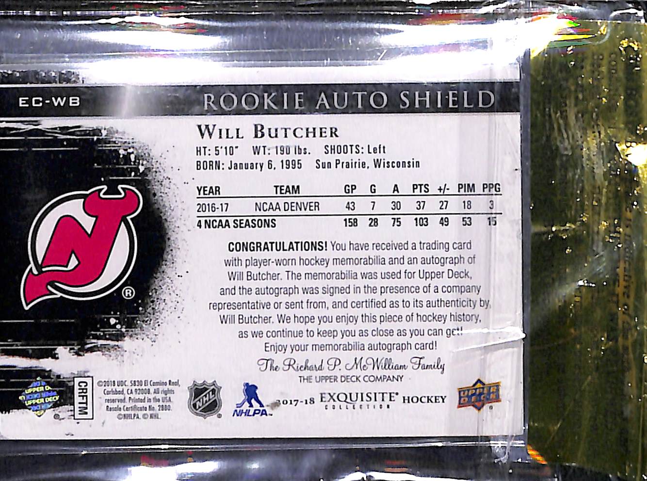 2017-18 Exqusite Collection Will Butcher #EC-WB Rookie Auto Shield