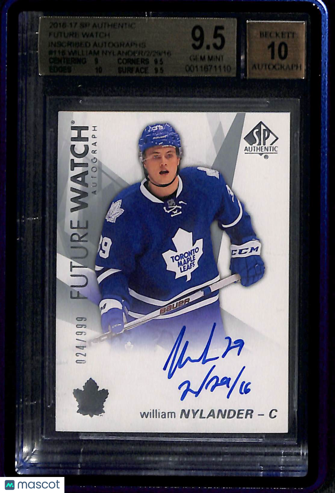 2016 SP Authentic Future Watch Inscribed Autographs William Nylander #116 / BGS 9.5 Auto 10