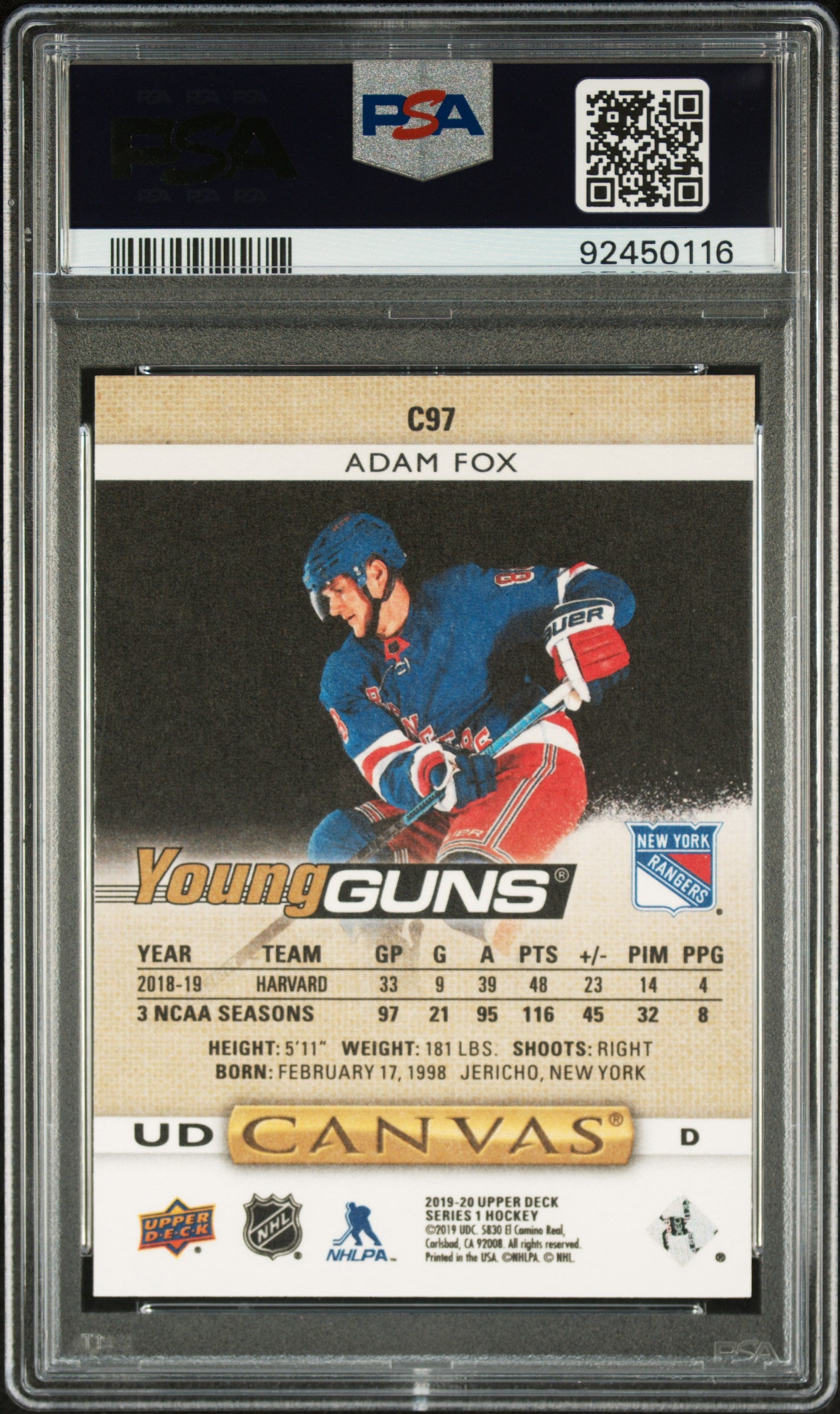 2019 Upper Deck Canvas Adam Fox #C97 PSA 10