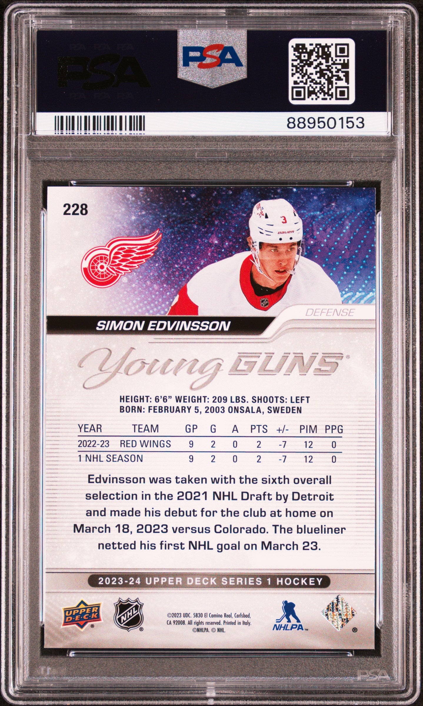 2023 Upper Deck Simon Edvinsson #228 Deluxe 179 /250 PSA 10