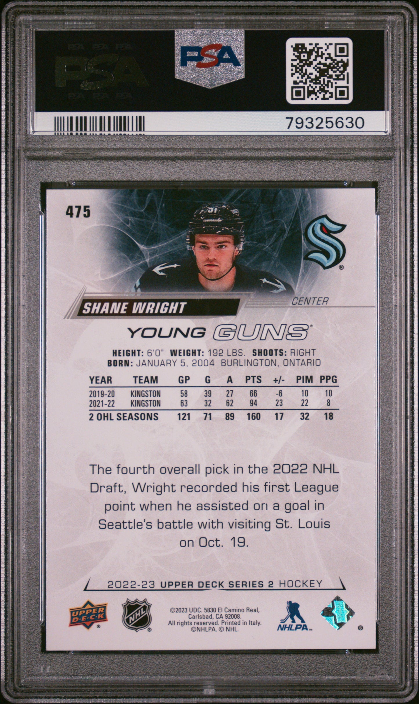 2022 Upper Deck Shane Wright #475 PSA 10