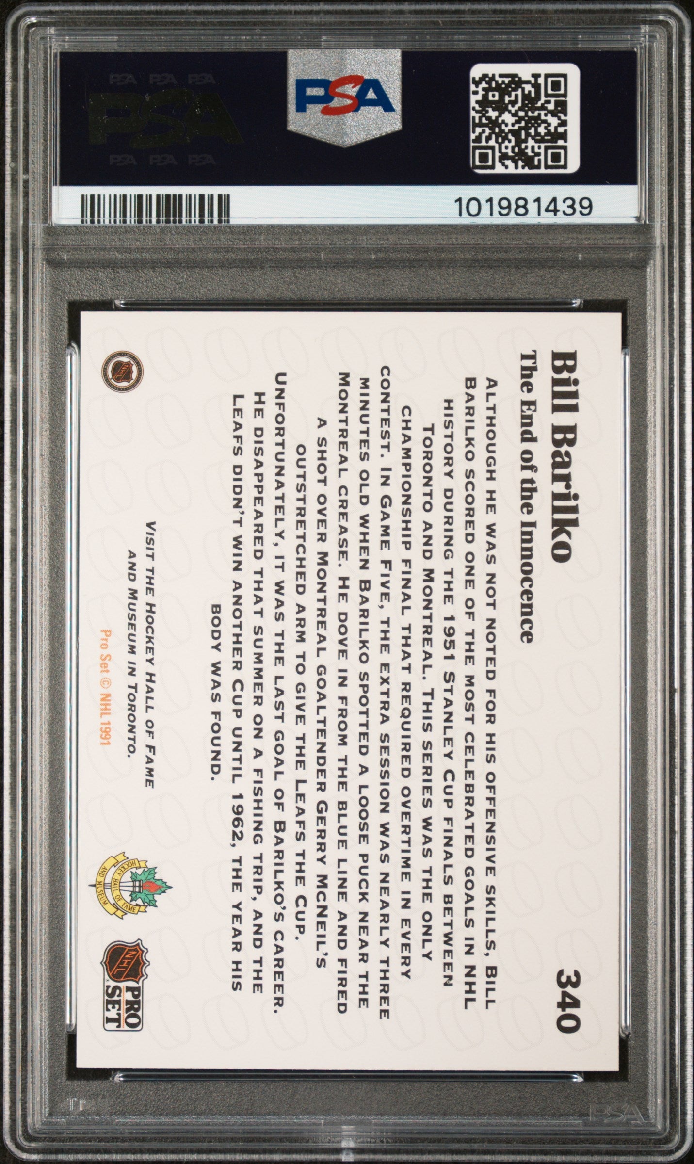 1991 Pro Set Bill Barilko #340 PSA 7