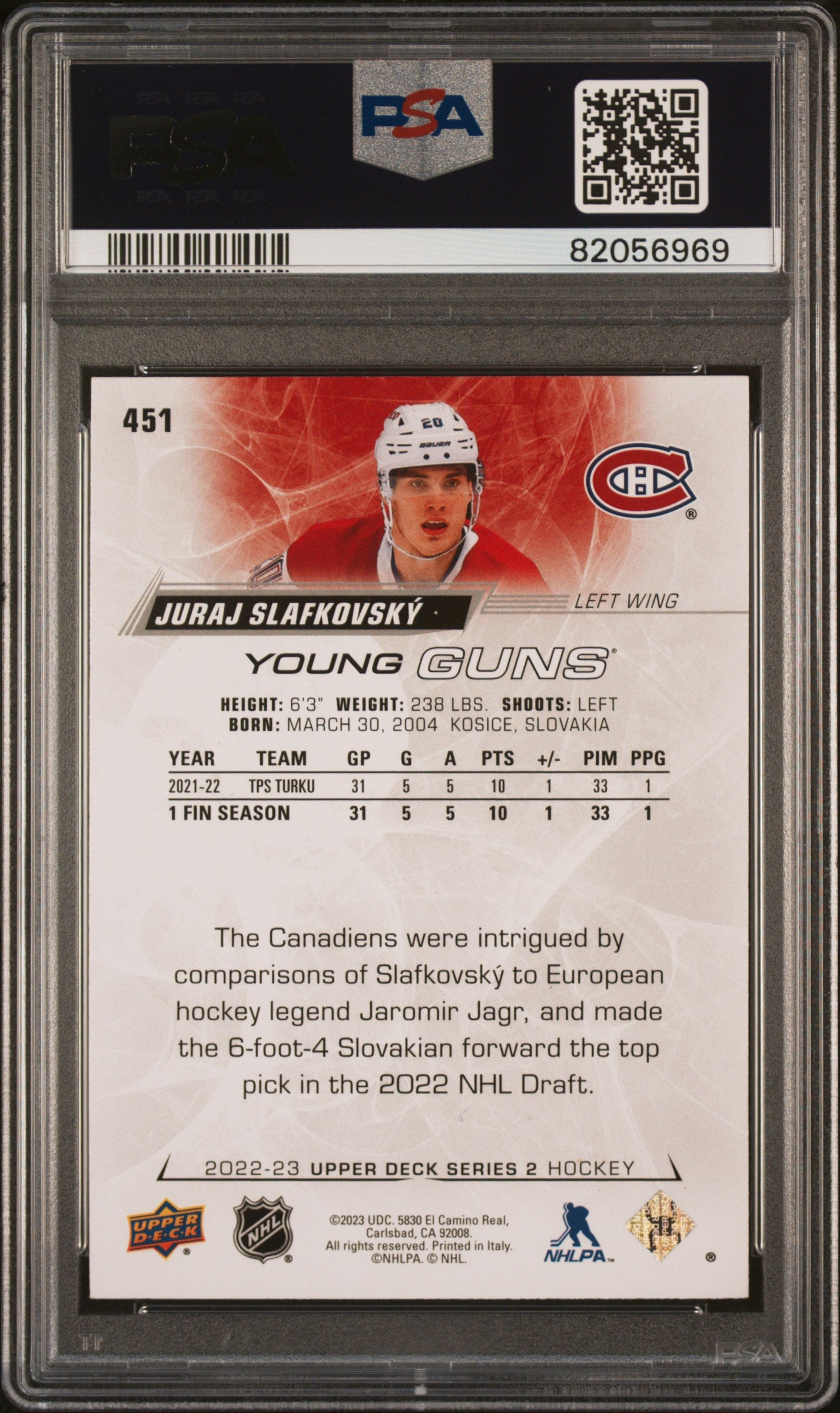 2022 Upper Deck Juraj Slafkovsky #451 PSA 10