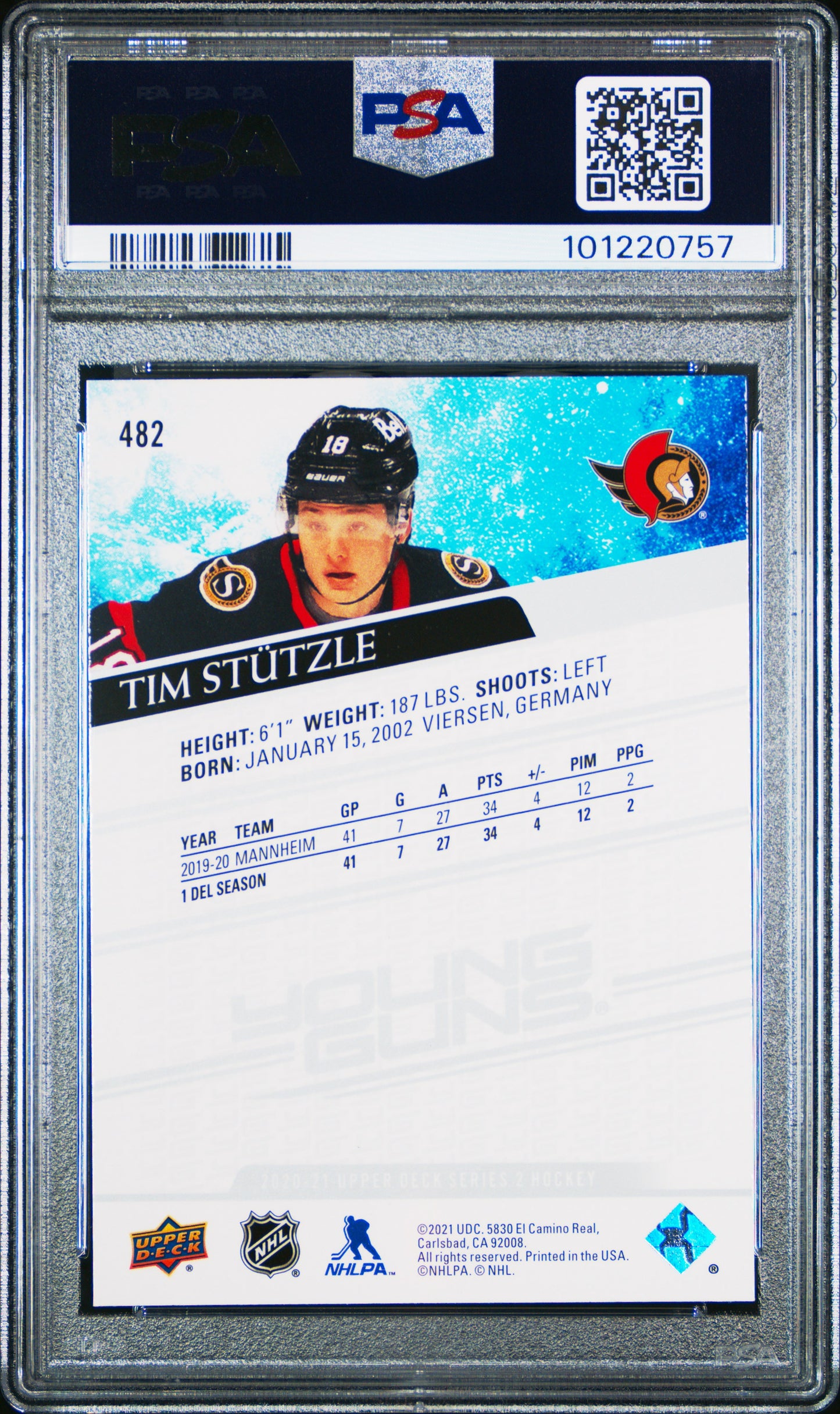 2020 Upper Deck Tim Stutzle #482 PSA 10