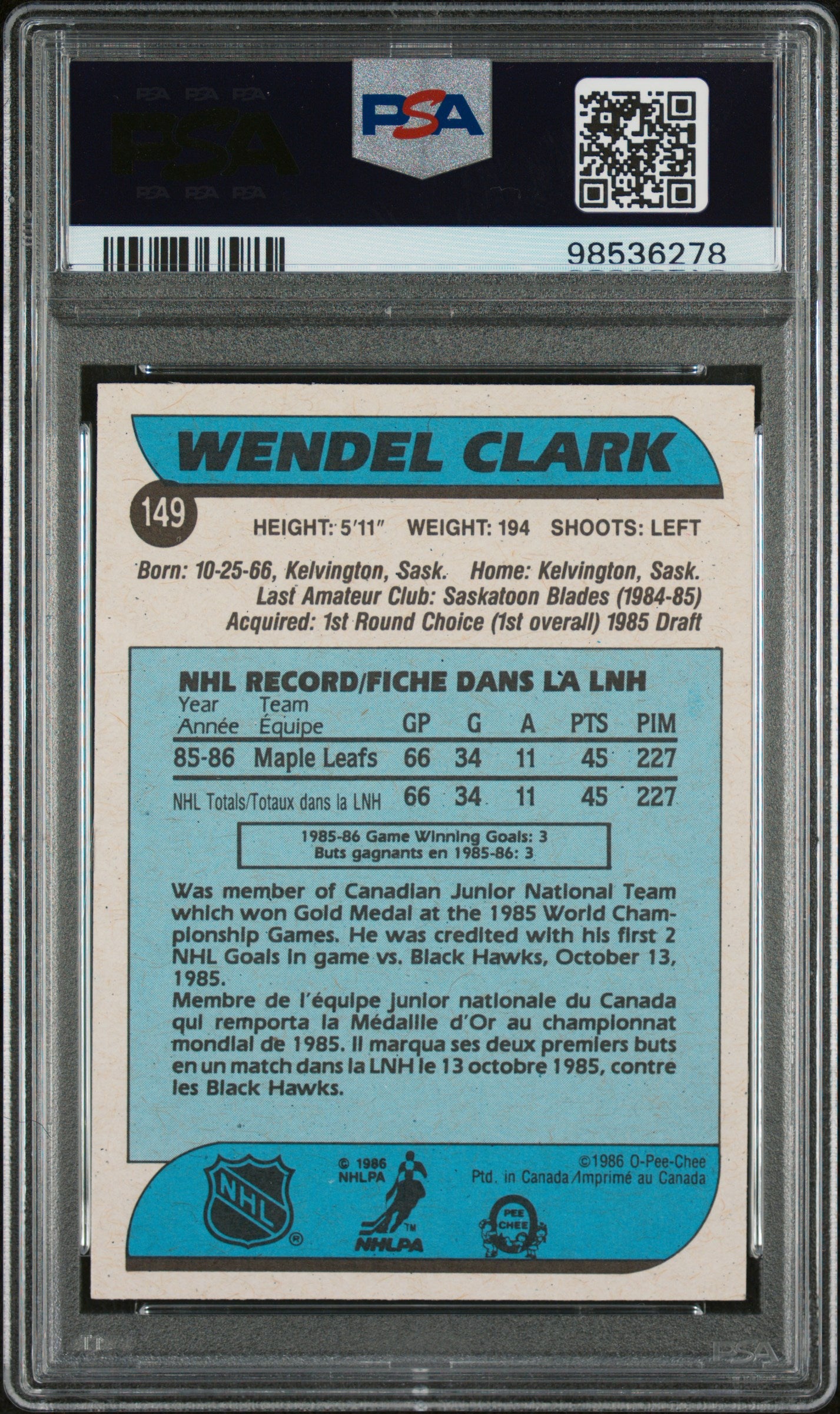 1986 O-Pee-Chee Wendel Clark #149 PSA 8