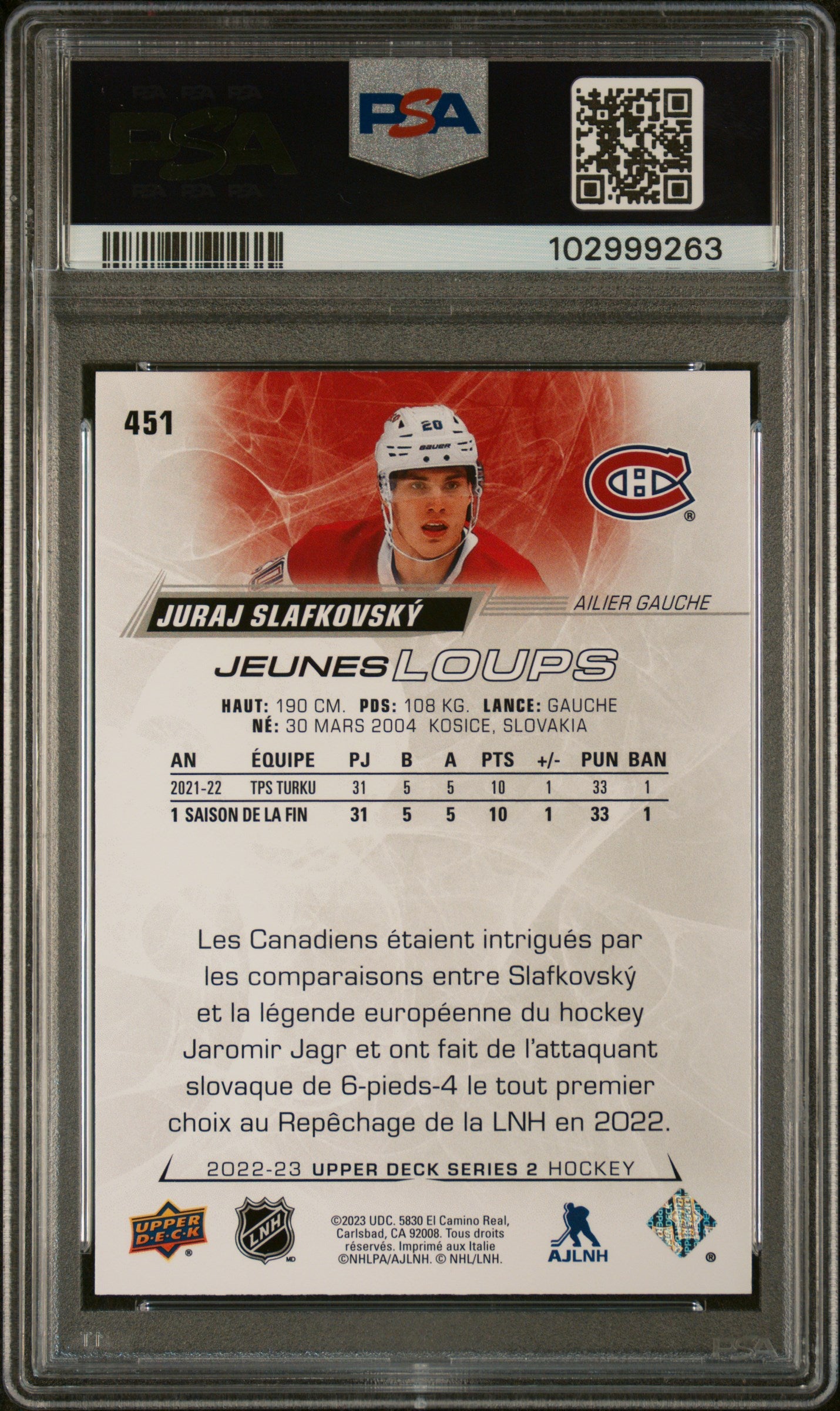 2022 Upper Deck Juraj Slafkovsky #451 French PSA 10