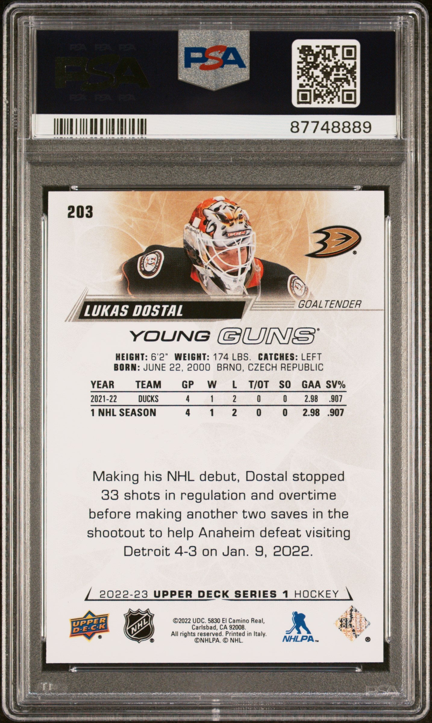 2022 Upper Deck Lukas Dostal #203 PSA 10