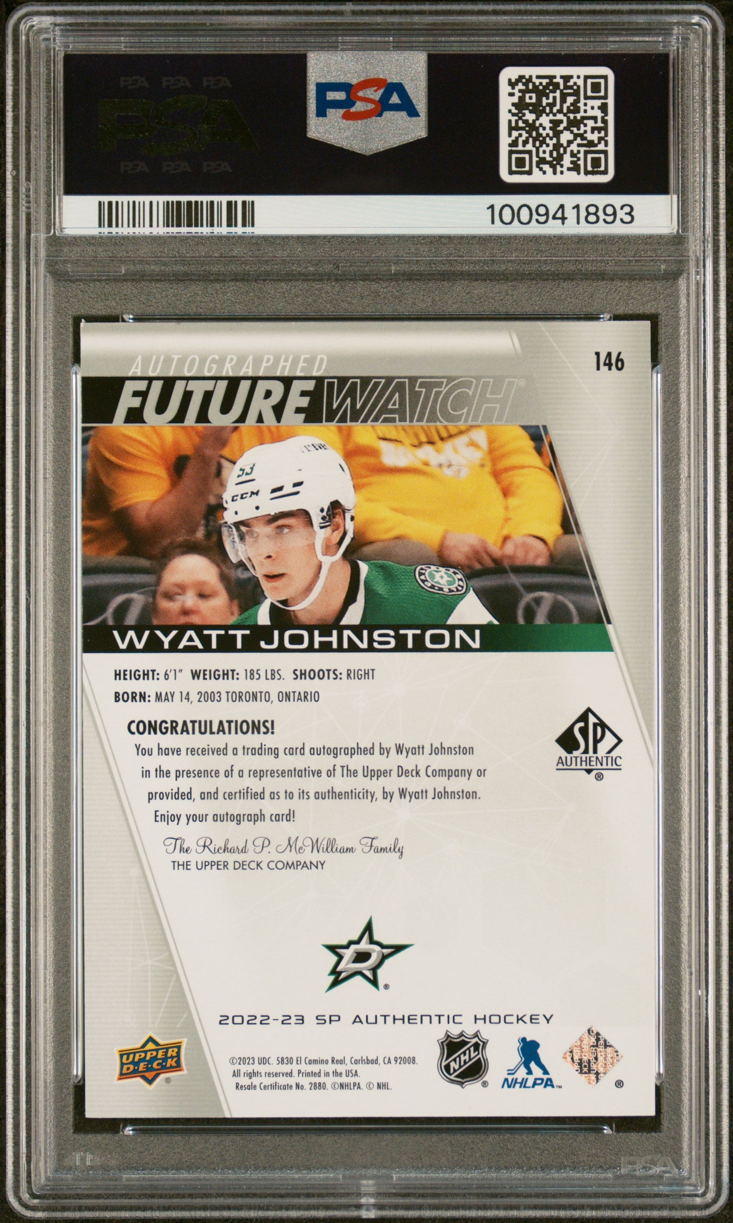 2022 SP Authentic Wyatt Johnston #146 Inscribed Autograph PSA 9